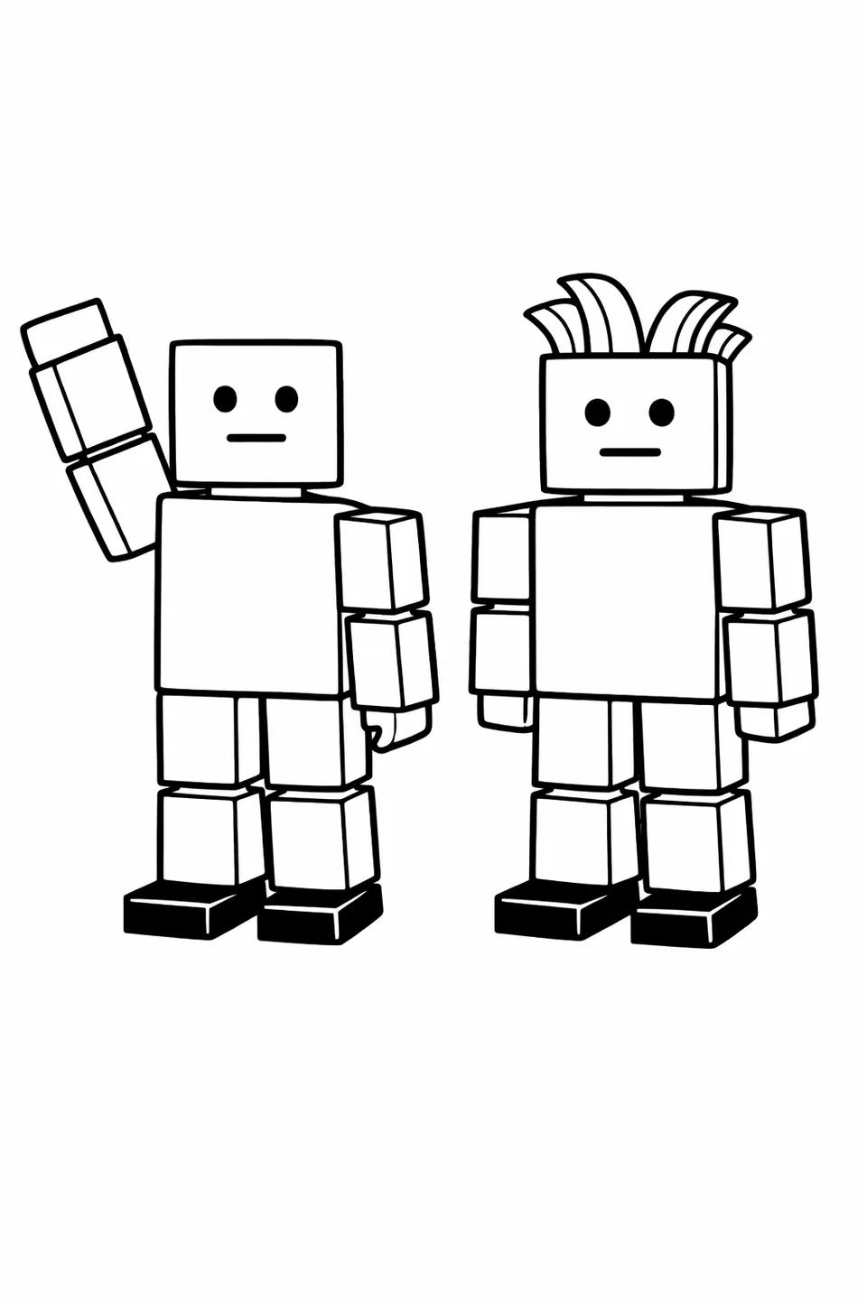 로블록스 노버 아바타가 큐브 머리, 파란색 몸통, 초록색 다리, 검은색 발 블록을 한 채 높이 든 네모난 팔 하나를 흔들며 인사하고 있습니다.