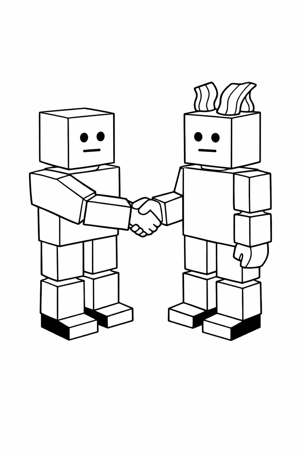 두 로블록스 블록 아바타가 서로 마주보며 악수 포즈를 취하고 있습니다.