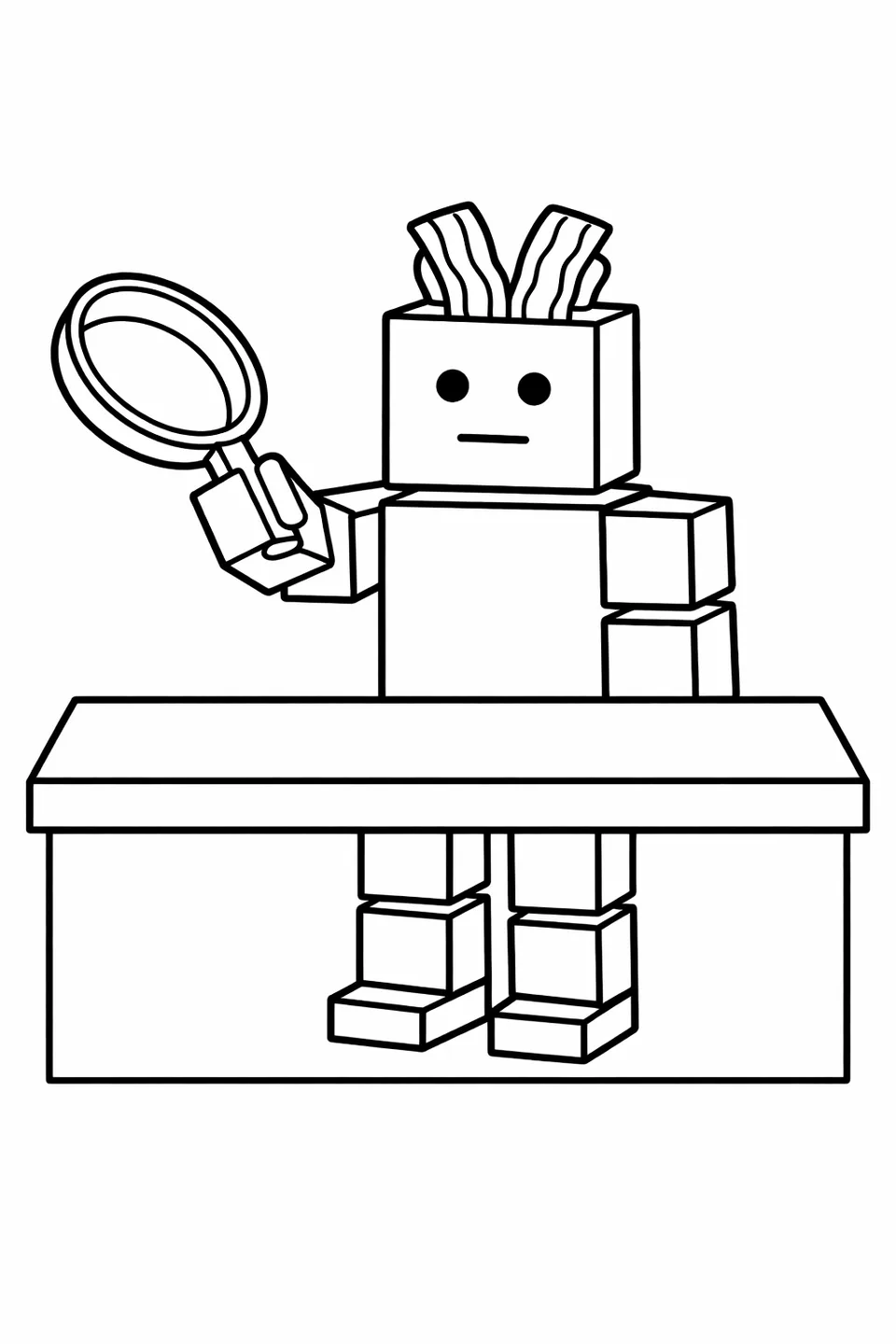 로블록스 베이컨 헤어 아바타가 직사각형 탁자 블록 뒤에서 프라이팬을 들고 있으며, 핑크색 물결 모양 머리 스트립이 보입니다.