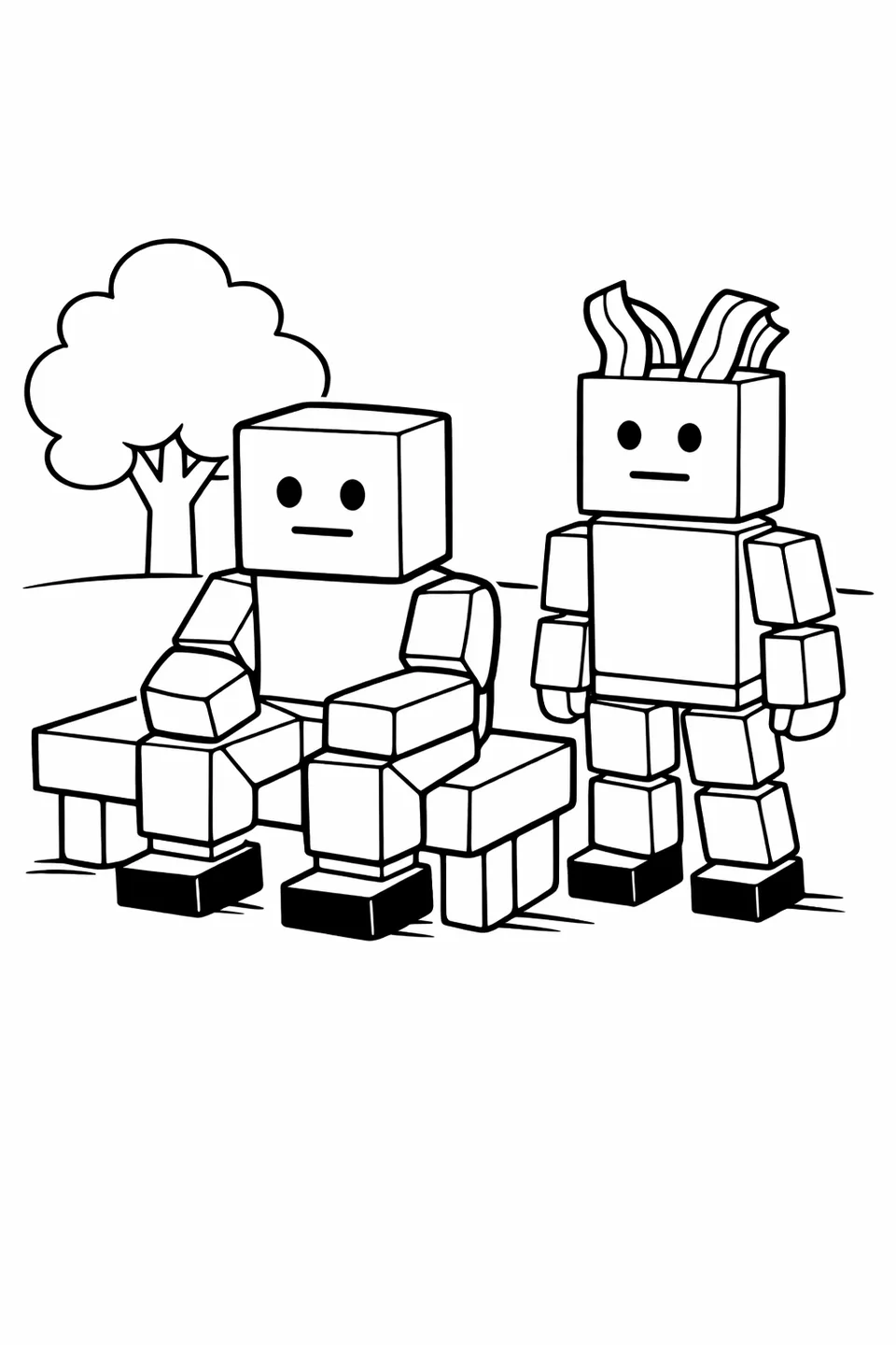 로블록스 노움 아바타가 직사각형 벤치에 앉아 있으며, 무릎 위에 놓인 직사각형 팔과 땅 위로 매달린 검은색 발 블록이 보입니다.