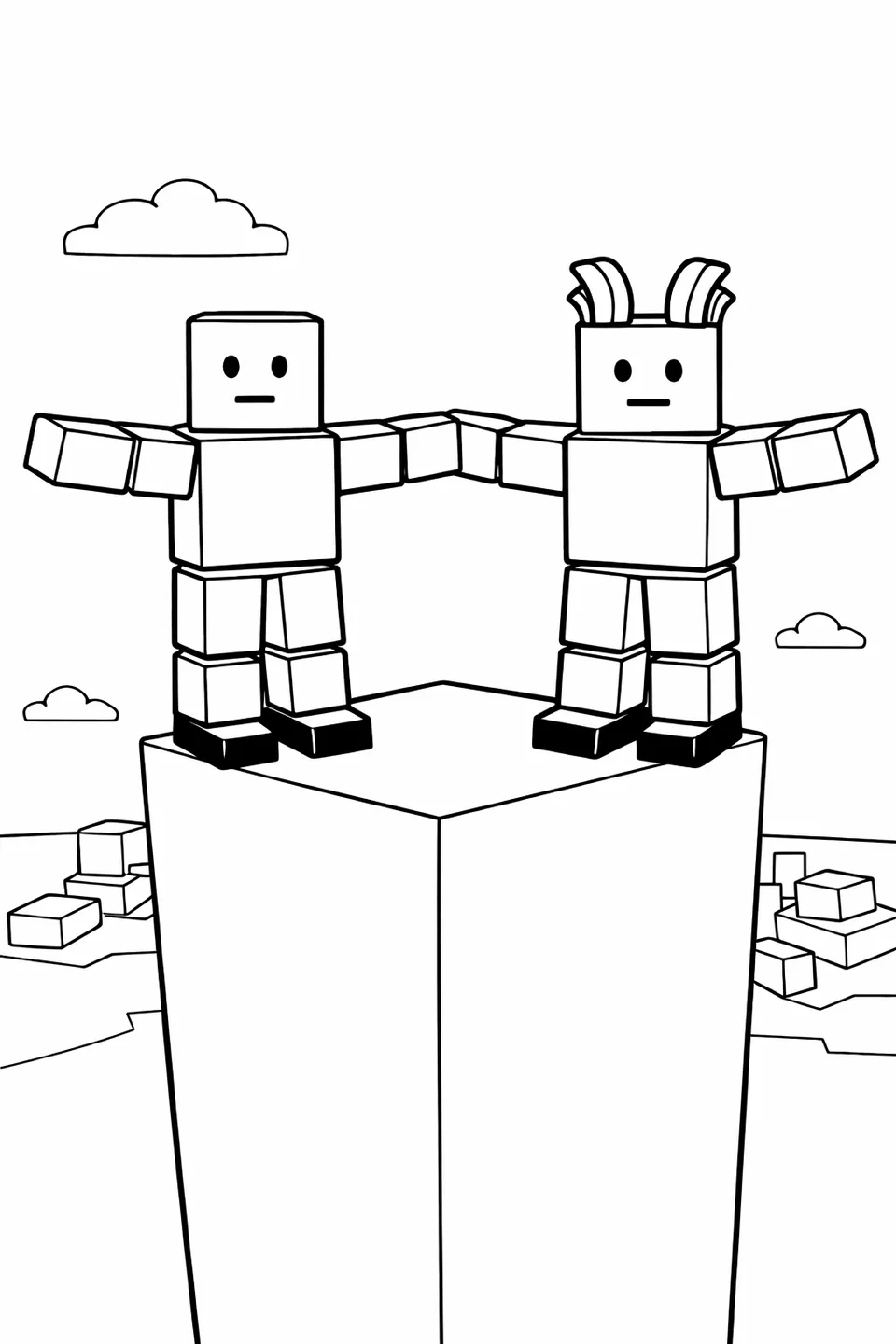 로블록스 블록 아바타가 팔을 넓게 뻗은 채 높은 직사각형 타워 블록 꼭대기에 서 있습니다.