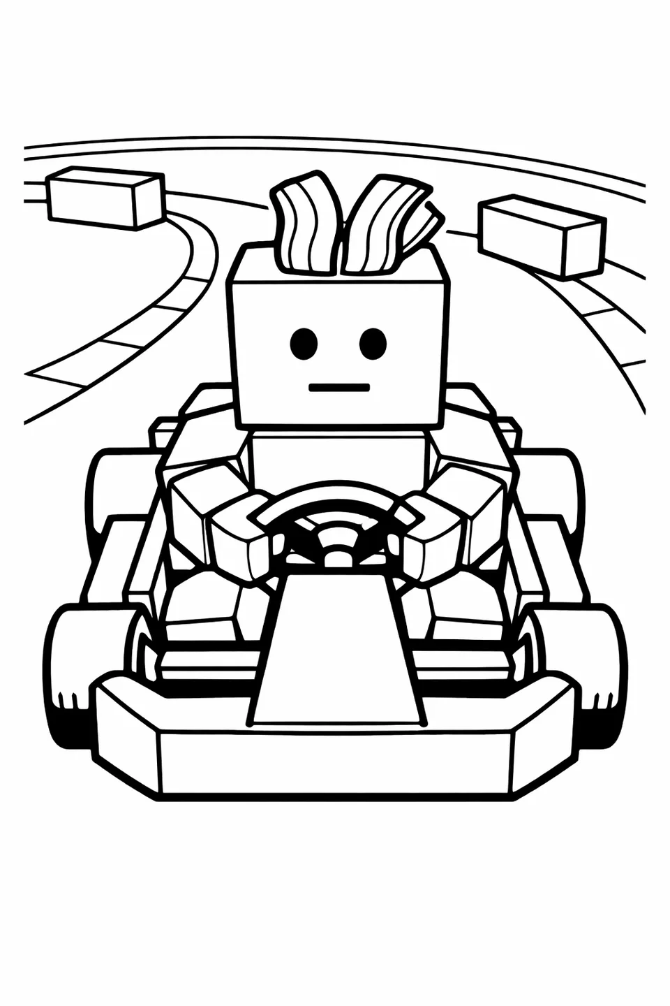 블록 형태의 고카트에서 핸들을 잡고 있는 로블록스 베이컨 헤어 아바타. 큐브 머리 위로 분홍색 물결 모양 머리카락이 보입니다.