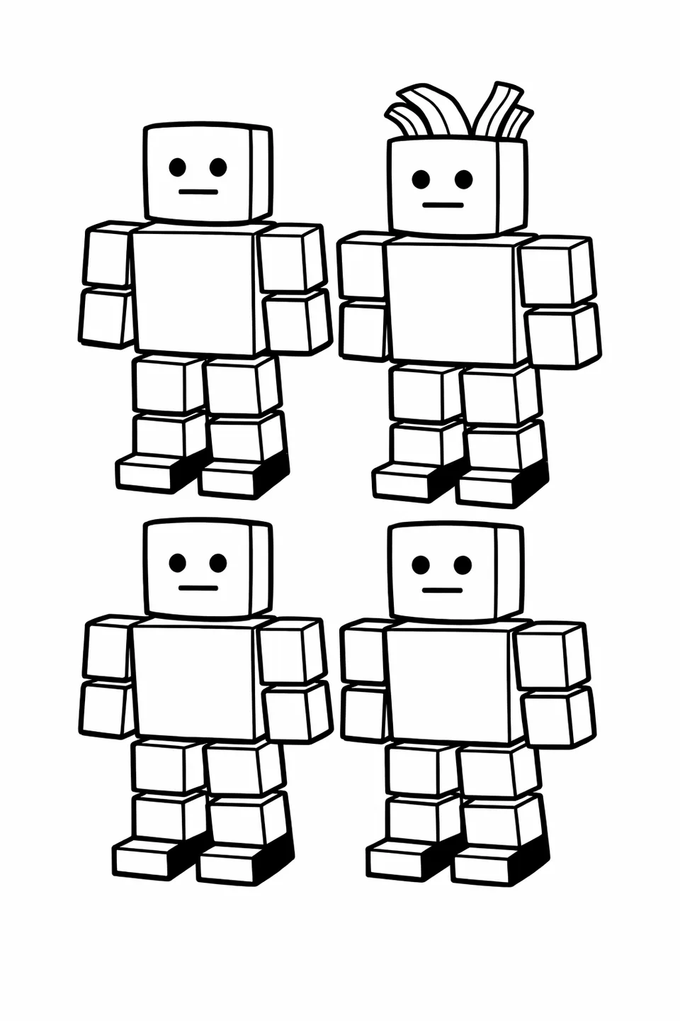 2x2 그룹으로 서 있는 네 명의 로블록스 블록 아바타. 각 아바타는 큐브 머리와 다른 색상의 몸통을 하고 있으며, 한 명은 베이컨 머리를 하고 있습니다.