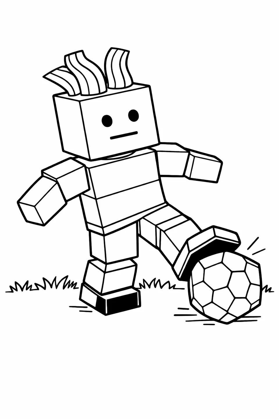 로블록스 베이컨 헤어 아바타가 블록 형태의 축구공을 차고 있는 모습. 큐브 머리 위로 분홍색 물결 모양 머리카락이 보입니다.