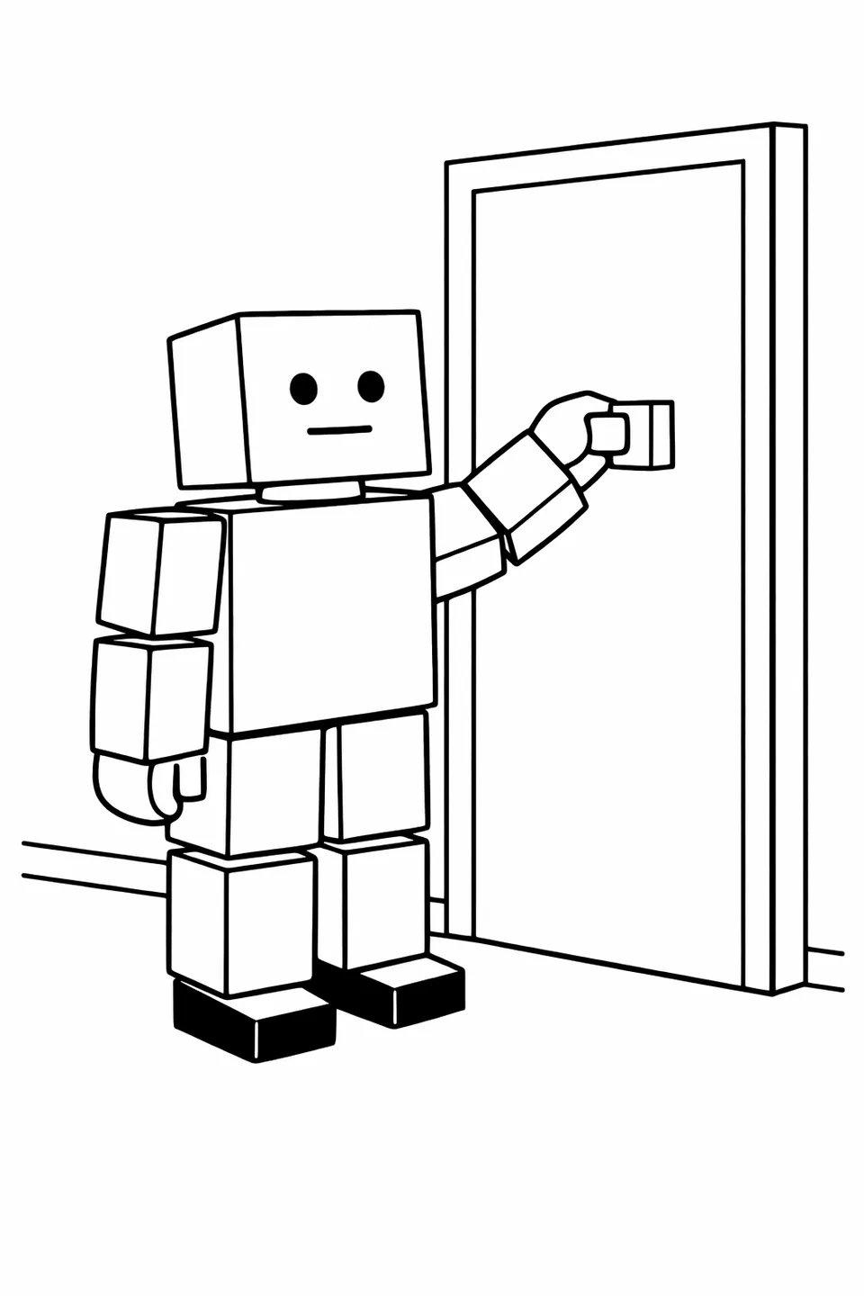 Roblox 노움 아바타가 블록 모양의 문손잡이를 향해 팔을 뻗고 있으며, 녹색 다리와 검은색 발 블록이 보입니다.