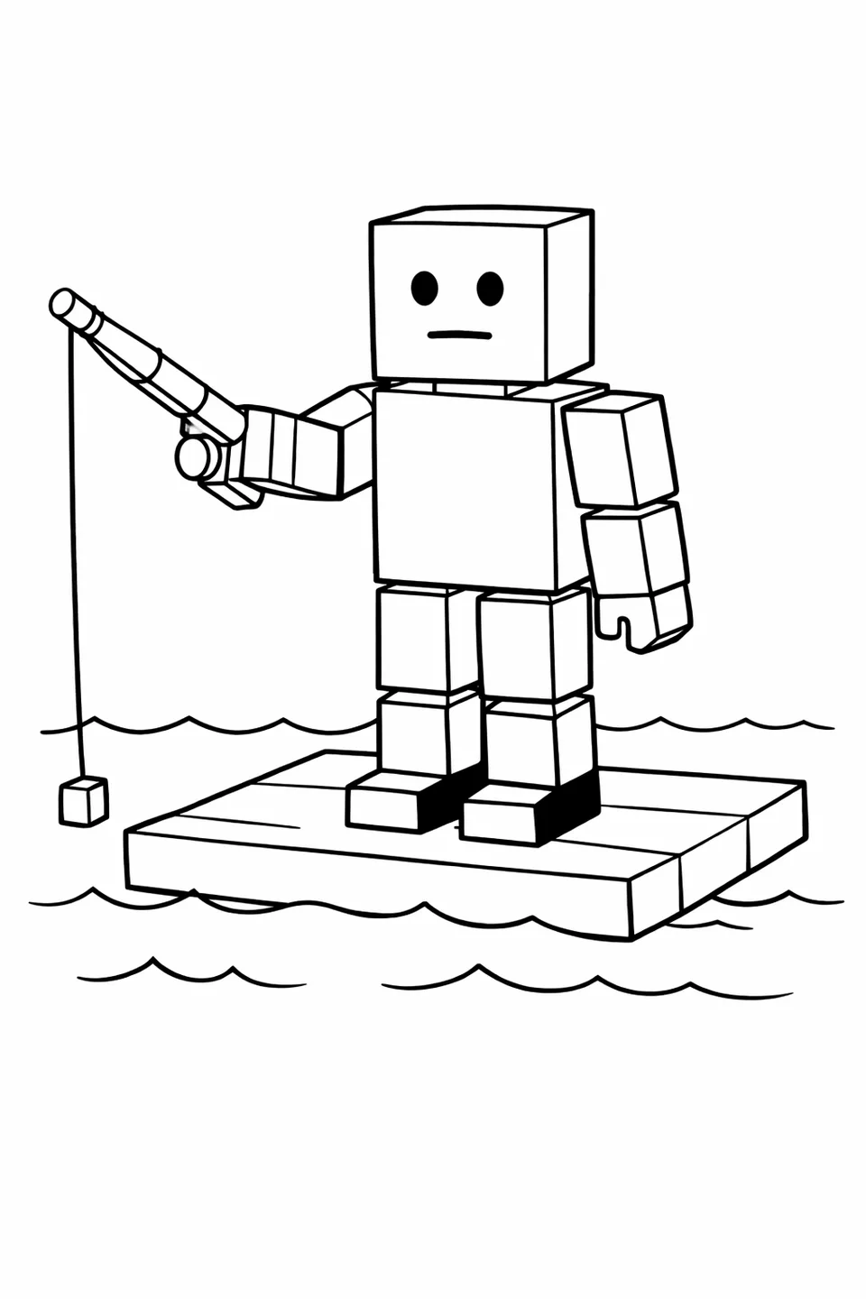 Roblox 노움 아바타가 직사각형 뗏목 블록 위에서 낚싯대를 들고 있으며, 큐브 머리, 파란색 몸통, 검은색 발 블록이 보입니다.