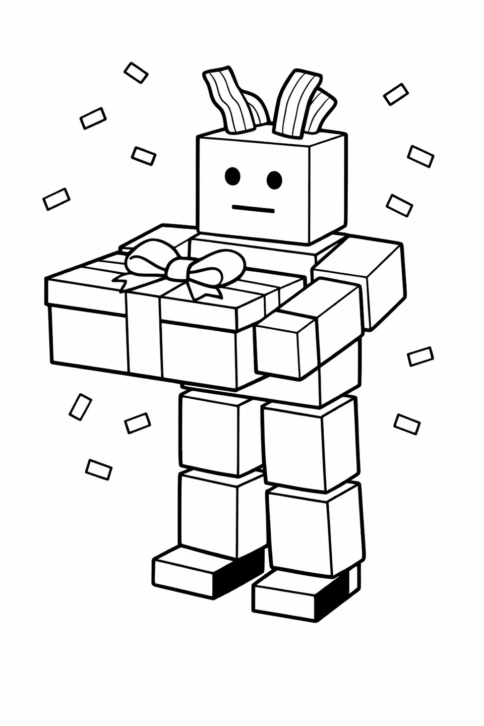 Roblox Bacon Hair 아바타가 두 팔을 뻗어 직사각형 선물 상자를 들고 있으며, 큐브 머리 위에 분홍색 베이컨 스트립이 보입니다.