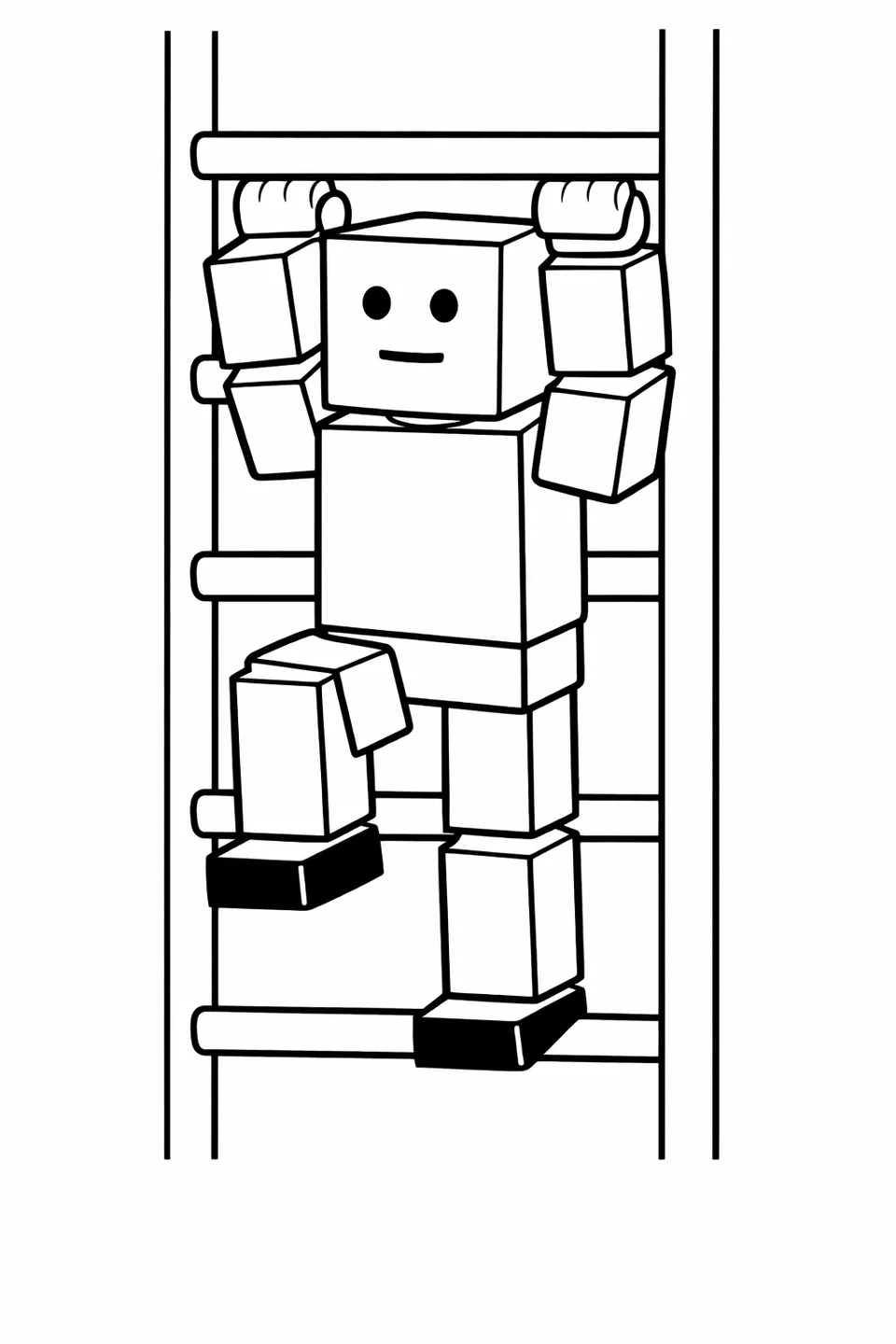 로블록스 노움 아바타가 양팔로 손잡이를 잡고 한쪽 다리를 들어 올린 채 사각형 계단을 오르고 있습니다.