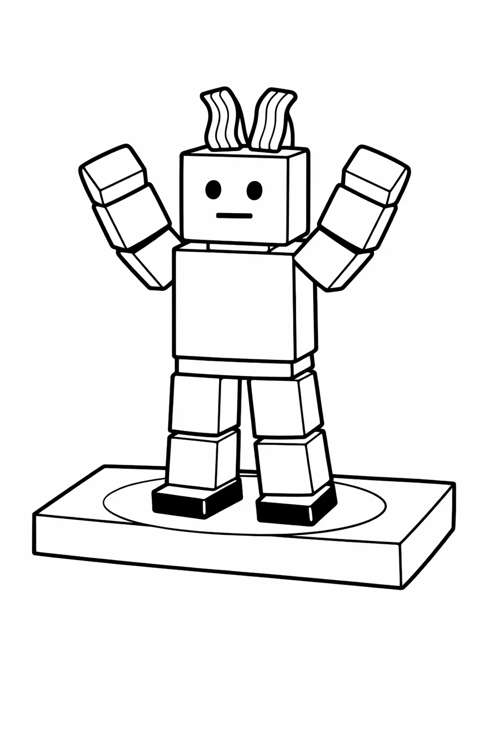 로블록스 베이컨 헤어 아바타가 큐브 머리의 분홍색 베이컨 조각을 위로 향하게 하고, 직사각형 무대 블록 위에서 양팔을 V자 모양으로 들어 올린 포즈를 취하고 있습니다.