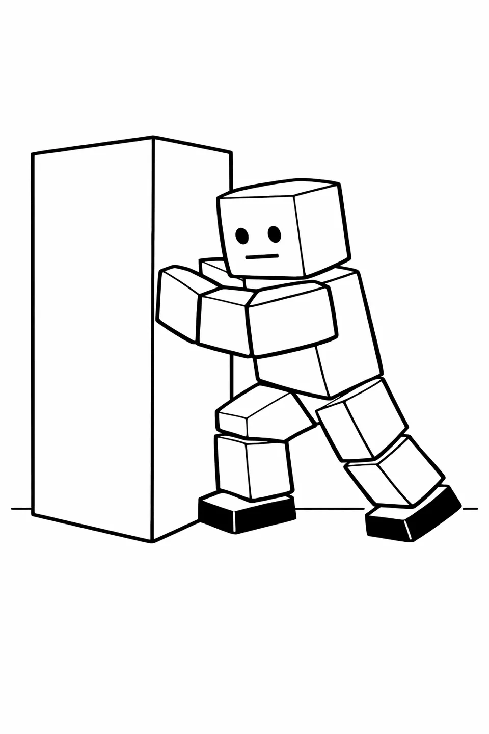 로블록스 노움 아바타가 양팔로 큰 사각형 블록을 누르며 앞으로 몸을 숙이고 있고, 다리는 뒤로 기울여 균형을 잡고 있습니다.