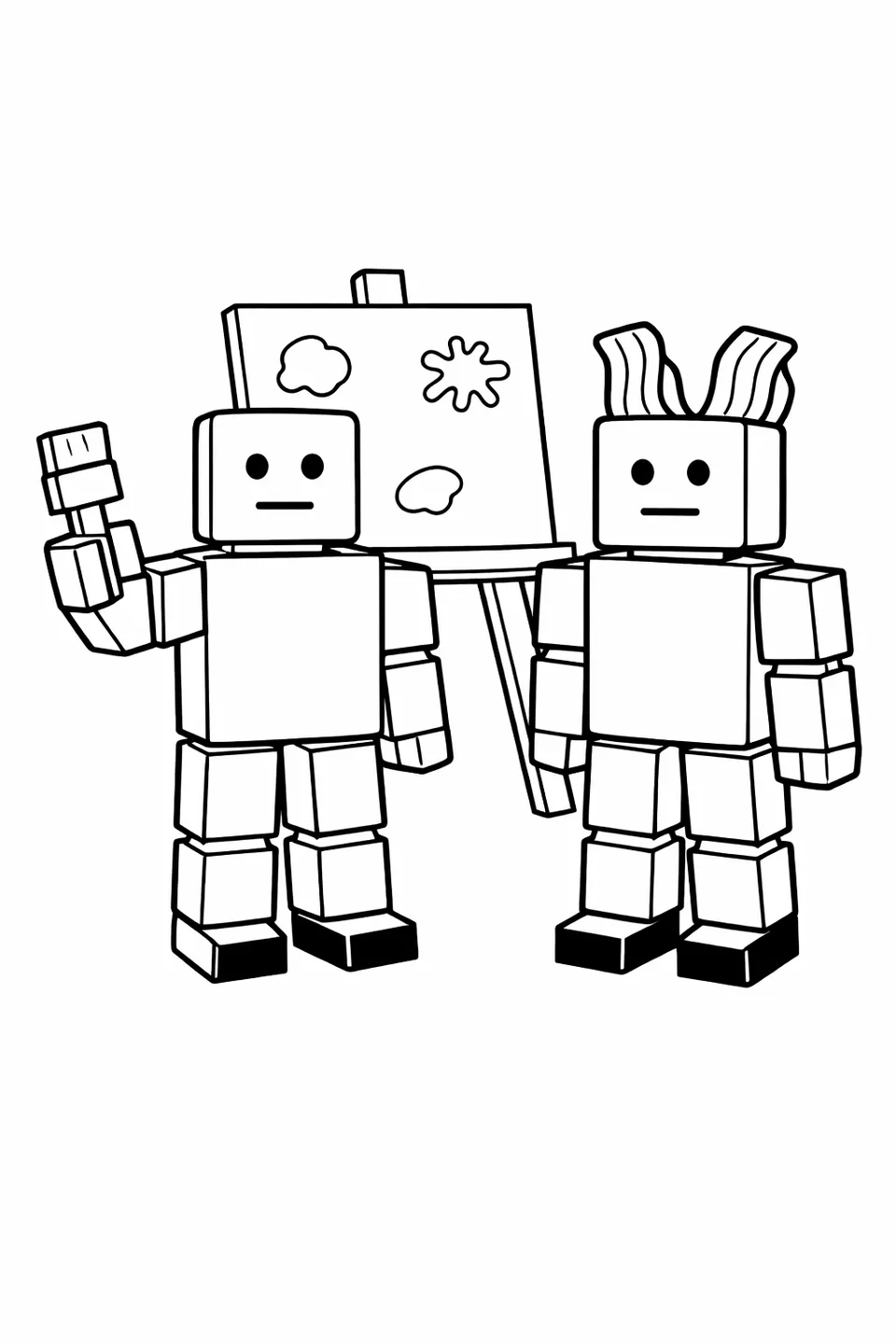 로블록스 블록 아바타가 큐브 머리를 상자 몸통에 붙이고, 사각형 모양의 붓을 이젤 캔버스를 향해 들고 있으며, 발은 평평한 블록 모양입니다.