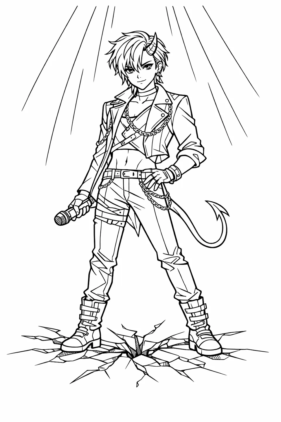 Half-demon K-pop singer with one horn, asymmetrical jacket, and microphone standing on a cracked stage floor with dramatic backlighting