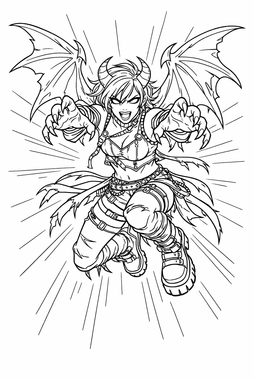 Half-demon character in full demon form mid-leap with jagged wings, glowing eyes, clawed hands, and energy lines around a tattered layered outfit