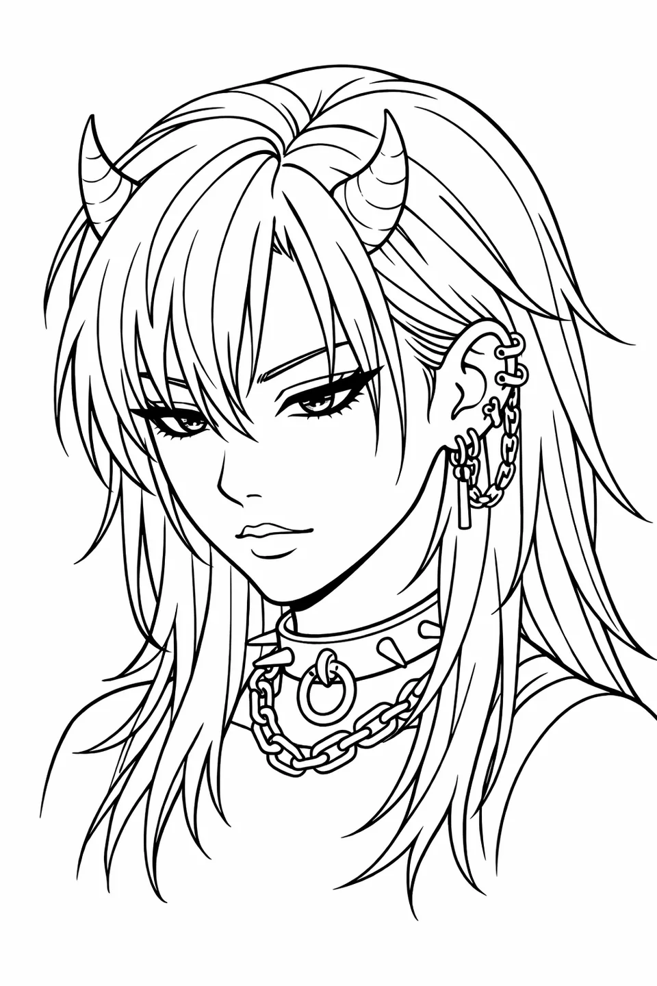 Close-up portrait of a half-demon K-pop idol with small curved horns, layered hair, heavy eyeliner, collar chain, and ear cuffs
