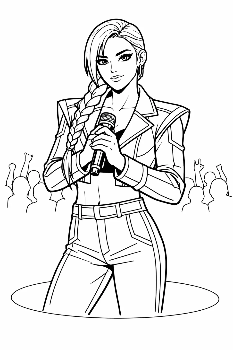 K-pop idol in a blue and pink cropped jacket gripping a microphone with both hands inside a spotlight circle with crowd silhouettes behind him