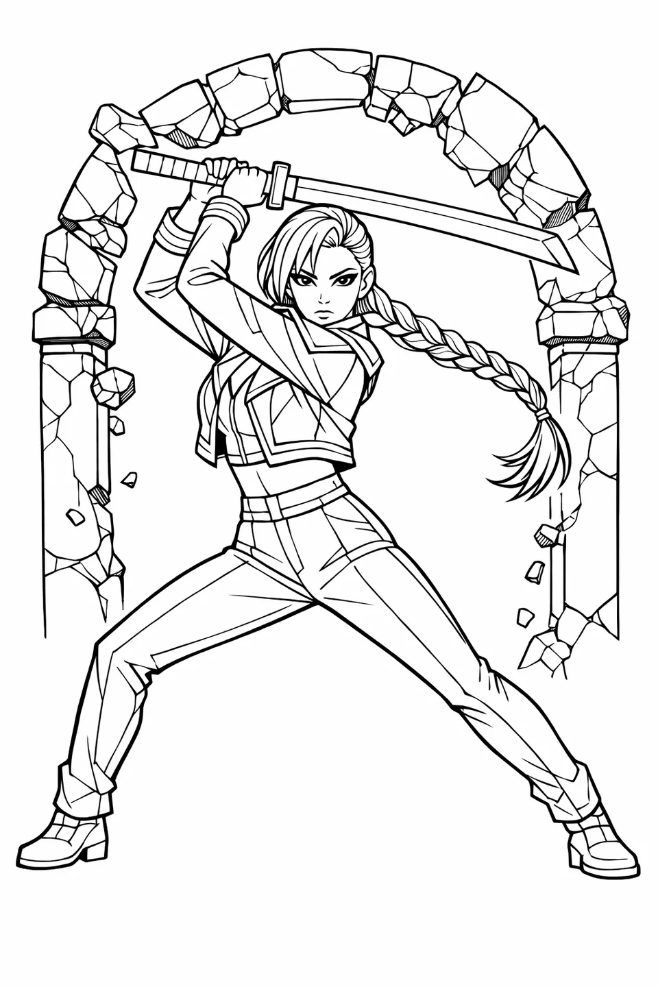 Young fighter in a cropped blue and pink jacket holding a straight sword with a gold crossguard overhead in a wide stance before a shattered stone archway