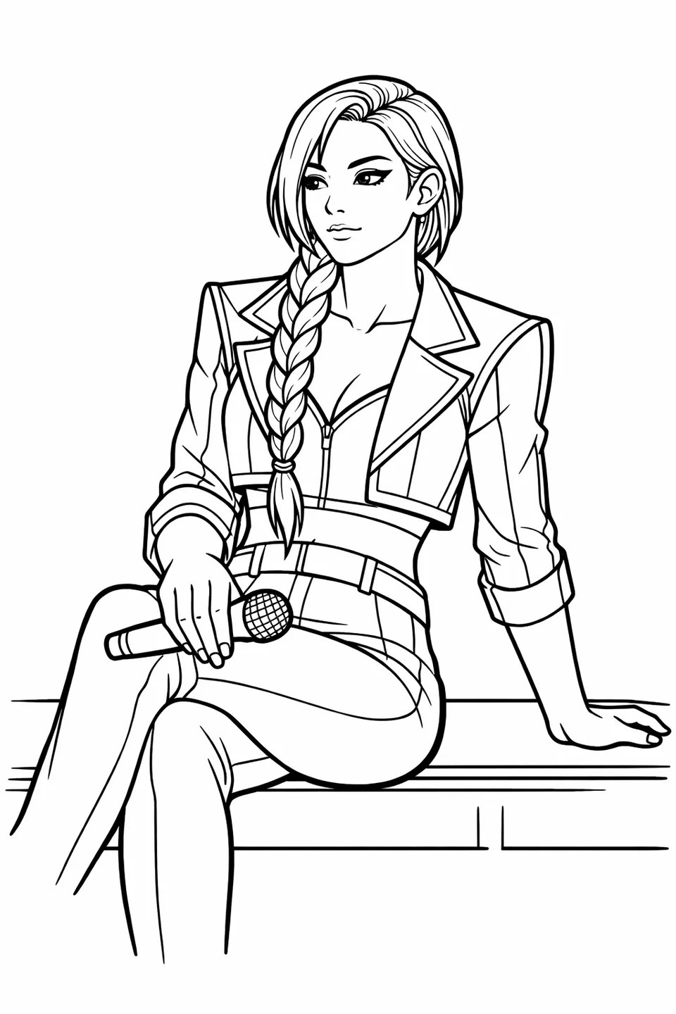 Young performer in a blue and pink idol jacket seated on a stage edge holding a cylindrical microphone at his knee and looking off to the side