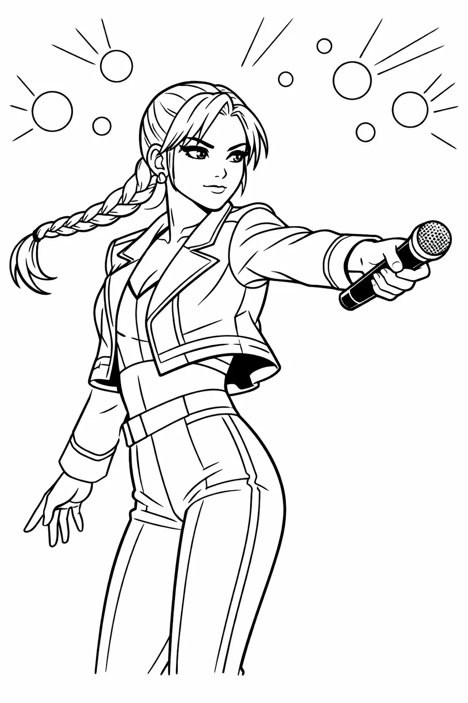 Performer in a blue and pink cropped jacket spinning on stage with one arm extended holding a microphone while stage lights scatter overhead