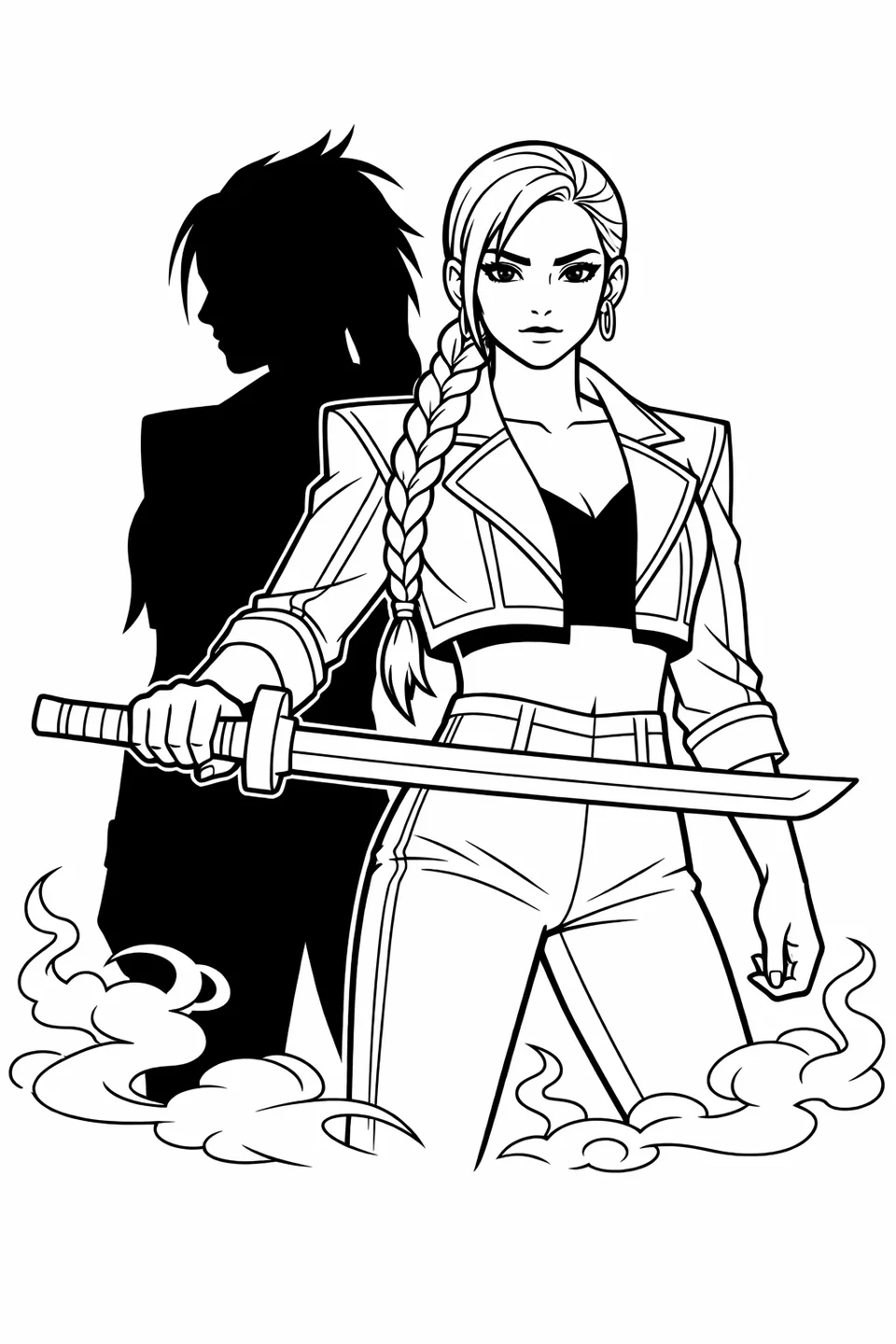 Sword-wielding idol in a blue and pink cropped jacket standing back-to-back with a silhouetted companion while dark fog swirls at their feet