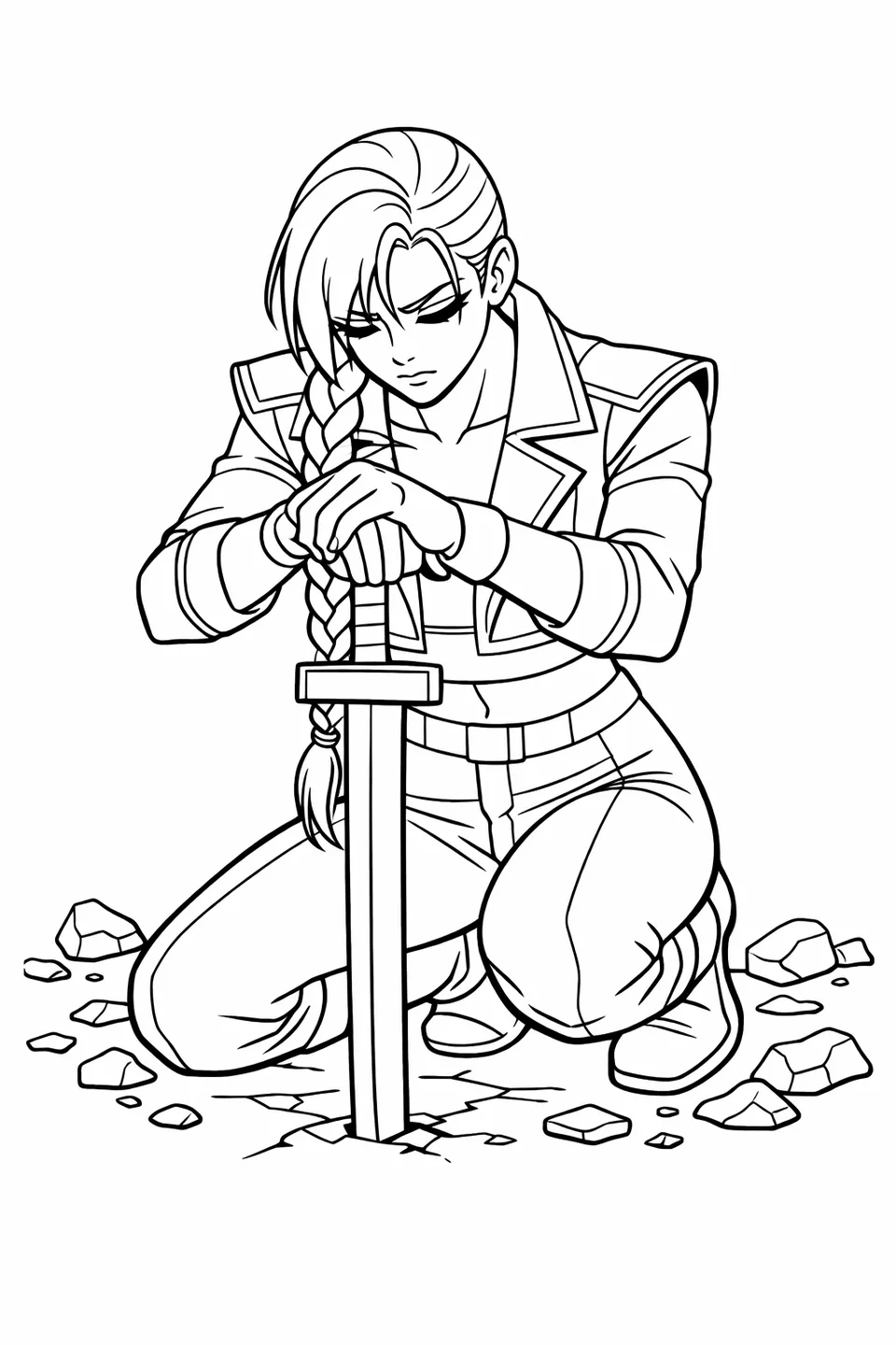 Young fighter in a cropped blue and pink jacket kneeling with a straight sword planted tip-down in crumbled stone debris, head slightly bowed