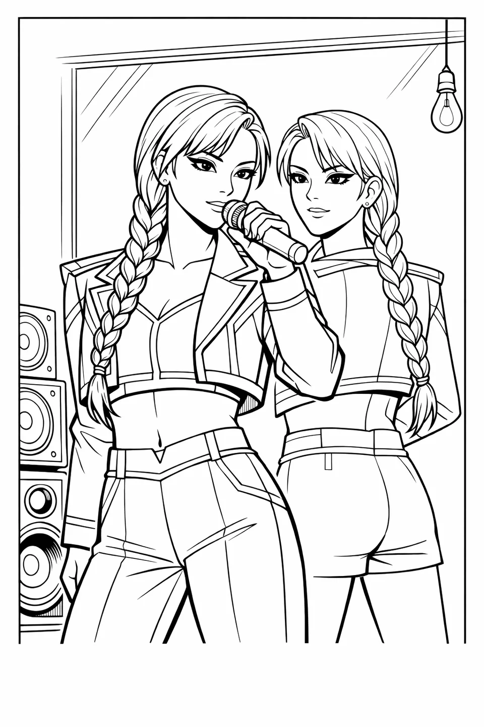 K-pop performer in a blue and pink cropped jacket holding a cylindrical microphone to his mouth before a mirror in a practice room with speakers nearby