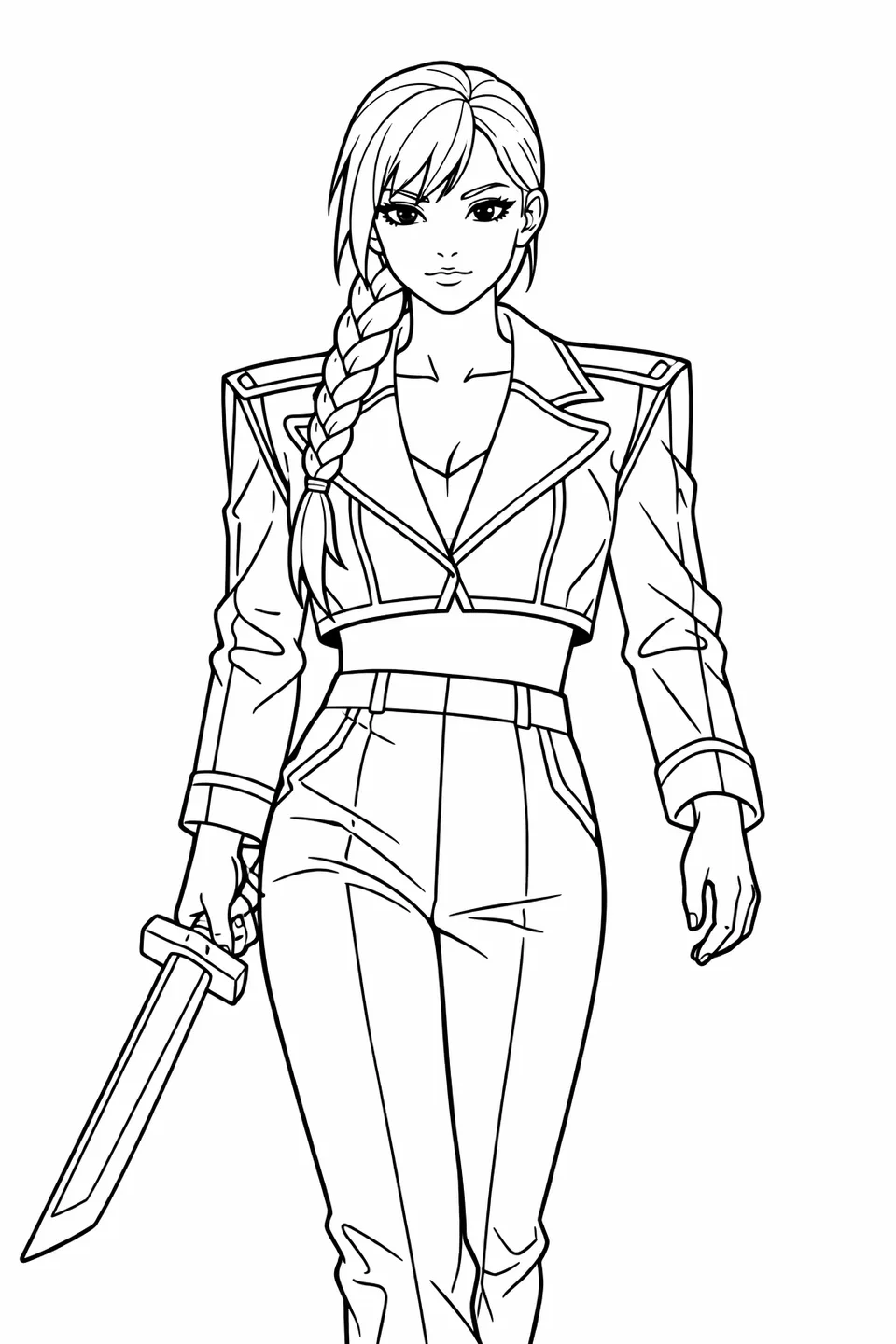 Young sword-carrying figure in a rain-dampened blue and pink cropped jacket walking a wet city street at night with neon signs blurred in the background