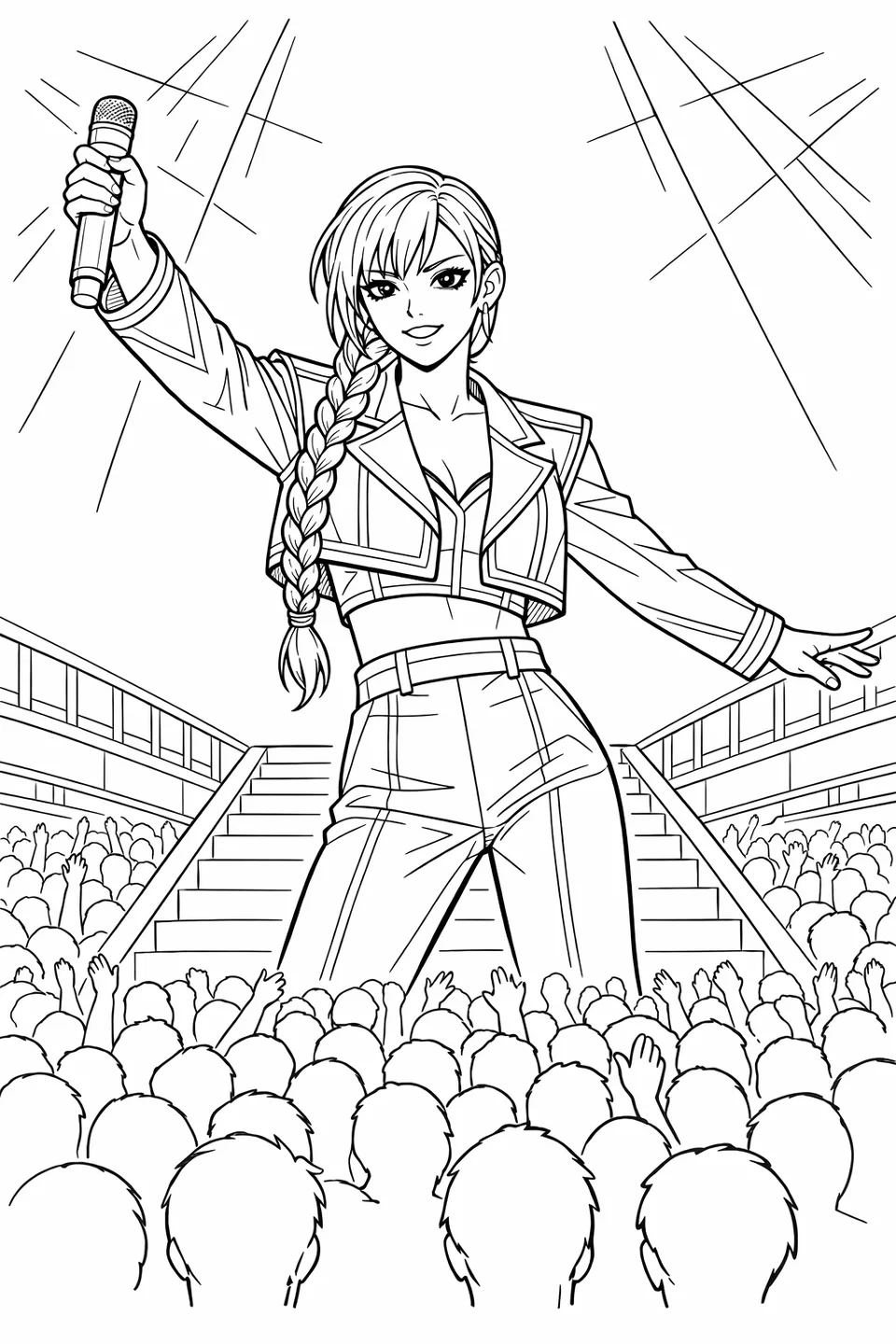 K-pop performer in a blue and pink cropped jacket with gold trim standing at the top of a staircase raising a cylindrical microphone toward a packed crowd below