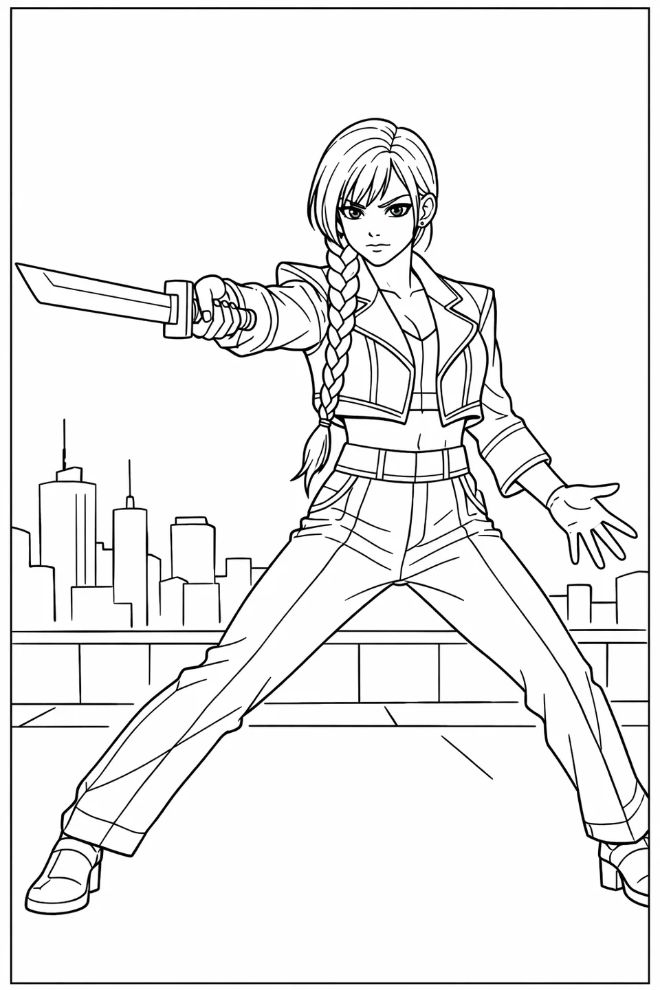 Young fighter in a cropped blue and pink jacket with gold trim extending a straight sword forward on a rooftop against a dusk city skyline