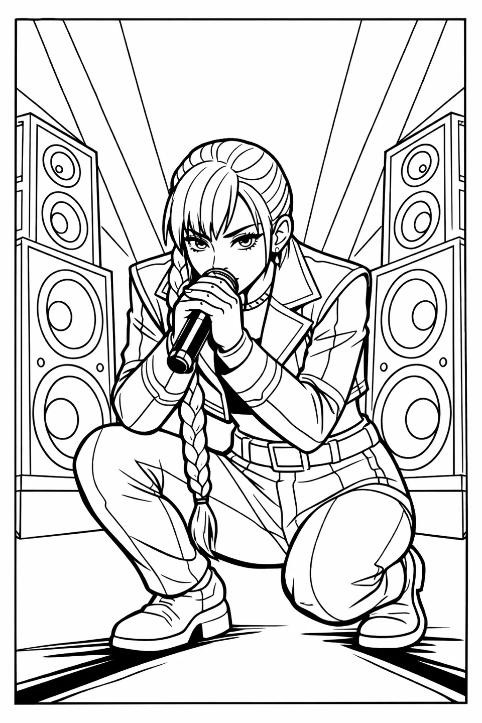 K-pop performer in a blue and pink cropped jacket crouching between two large stage speakers holding a cylindrical microphone to his lips with dramatic upward lighting