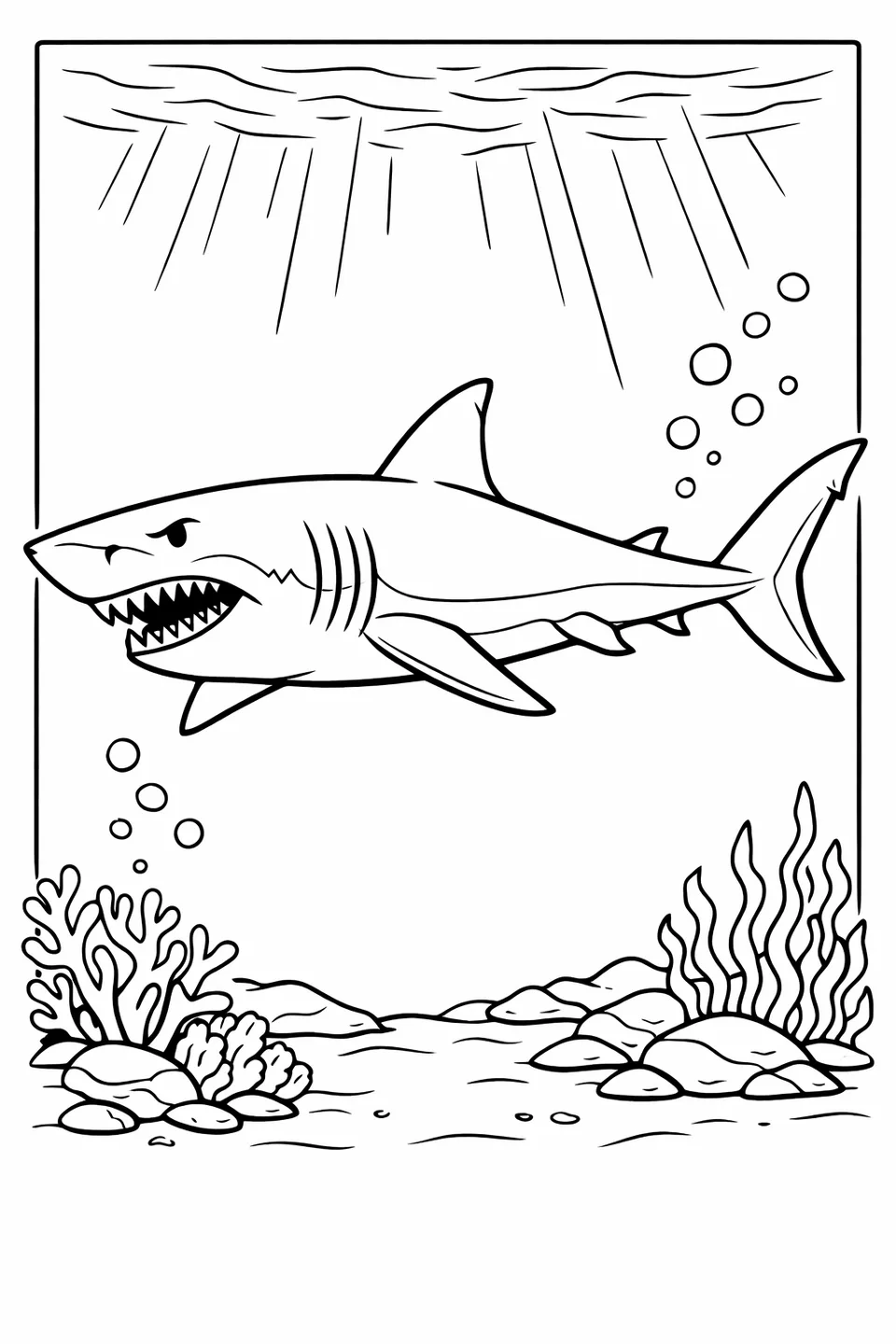 Full-body side view of a great white shark with open jaws, pointed teeth, large dorsal fin, and light rays in deep blue water