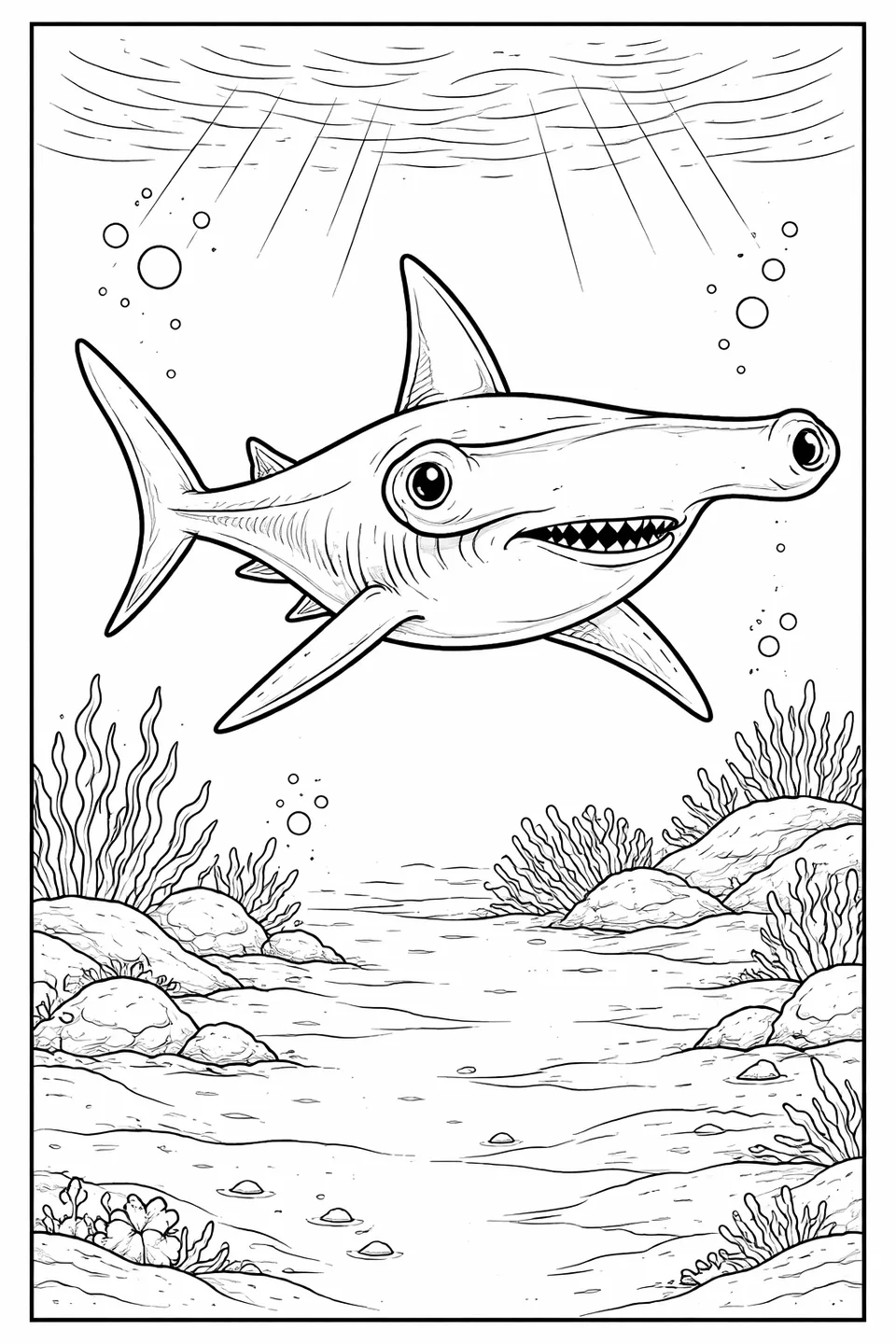 Hammerhead shark with wide flat T-shaped head and torpedo body swimming above a sandy seafloor with sparse coral