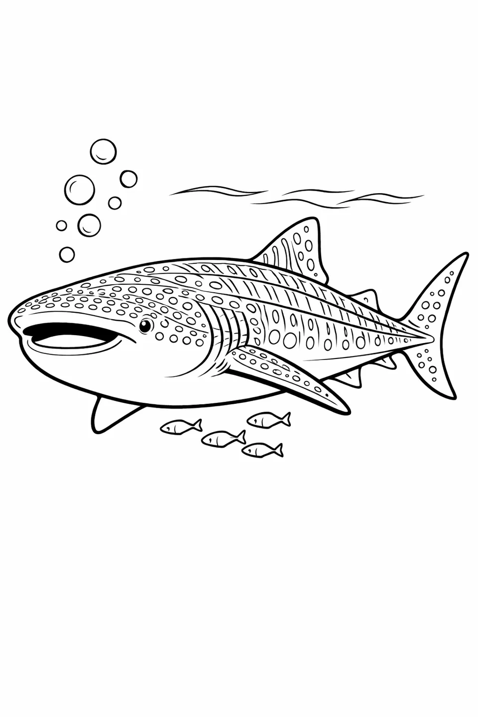 Whale shark with spotted and striped pattern, broad flat snout, wide mouth, and small fish swimming alongside in open ocean