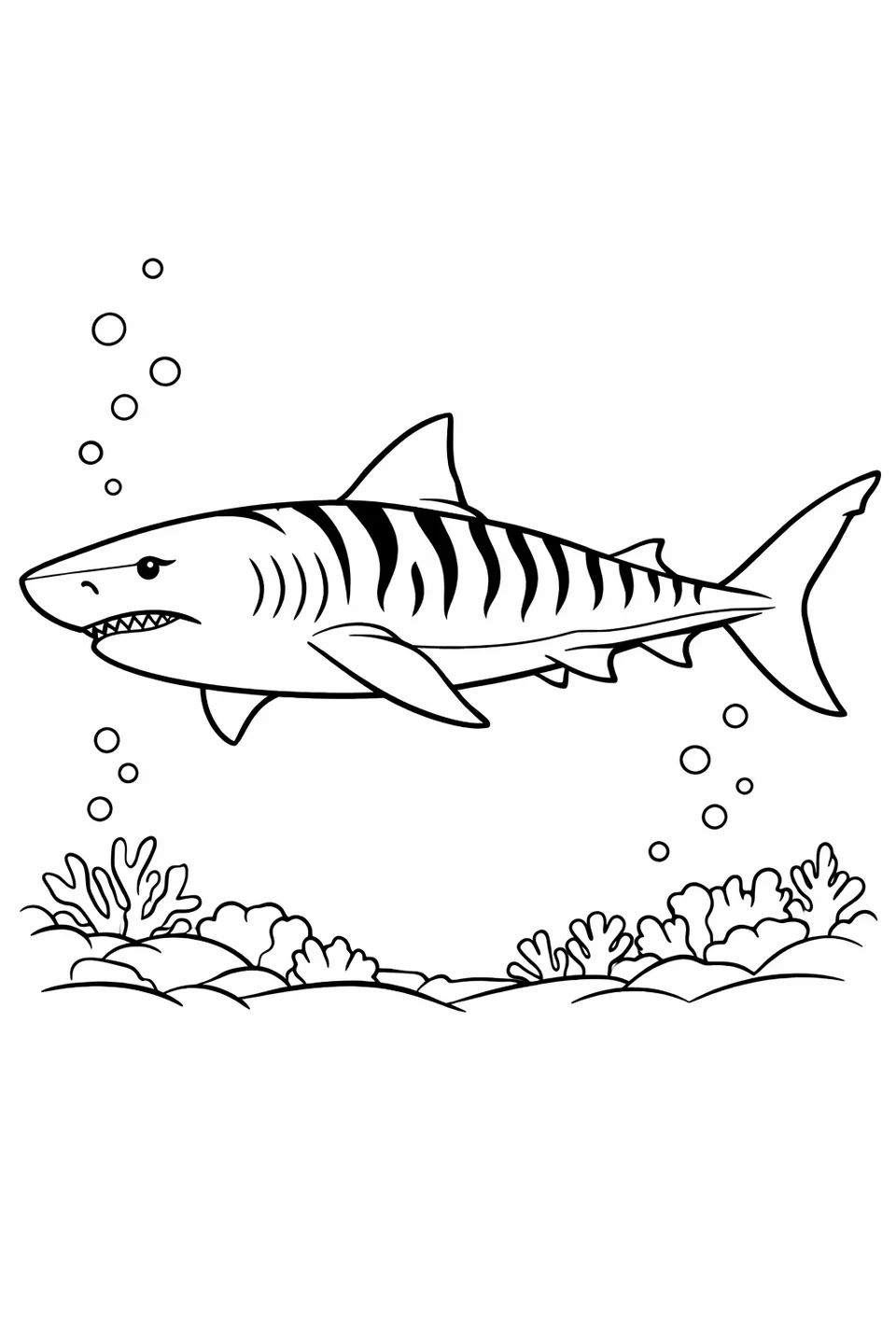 Tiger shark with vertical stripe markings, blunt snout, and large pectoral fins swimming past a distant coral reef silhouette