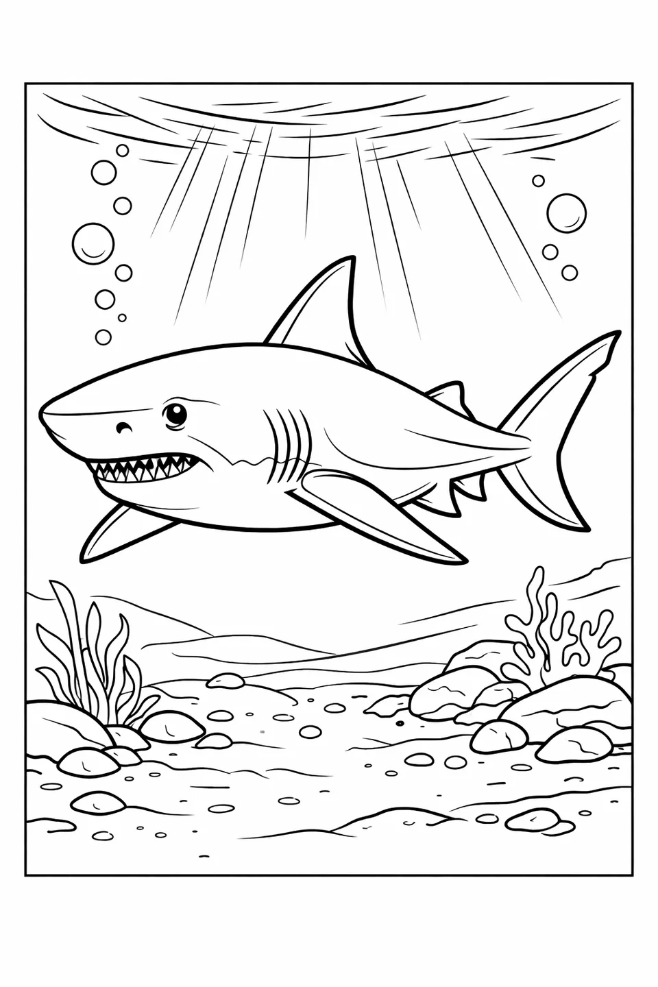 Stocky bull shark with broad snout and large pectoral fins in shallow green-blue water above a sandy seafloor