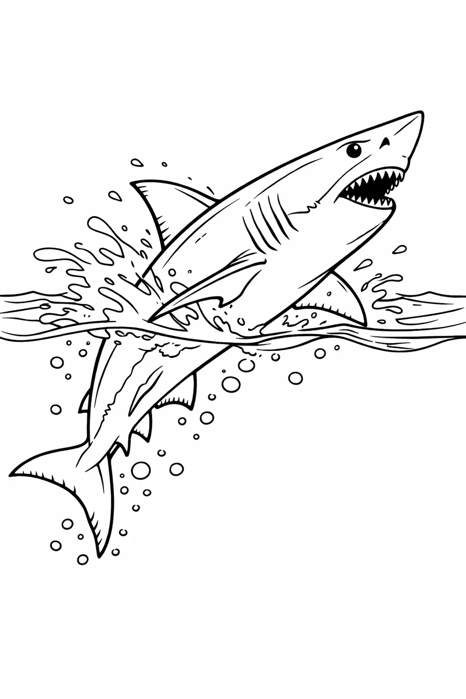 Mako shark breaching the ocean surface with upper body in the air, water spray around tail, visible dorsal and crescent tail fin