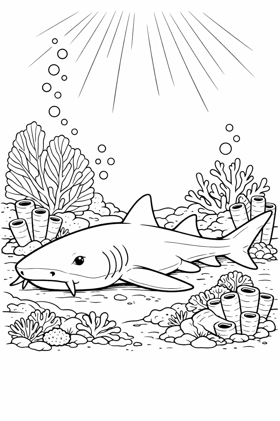 Nurse shark resting on a coral reef floor with barbels near its mouth, flat pectoral fins, and sea fans and sponges nearby