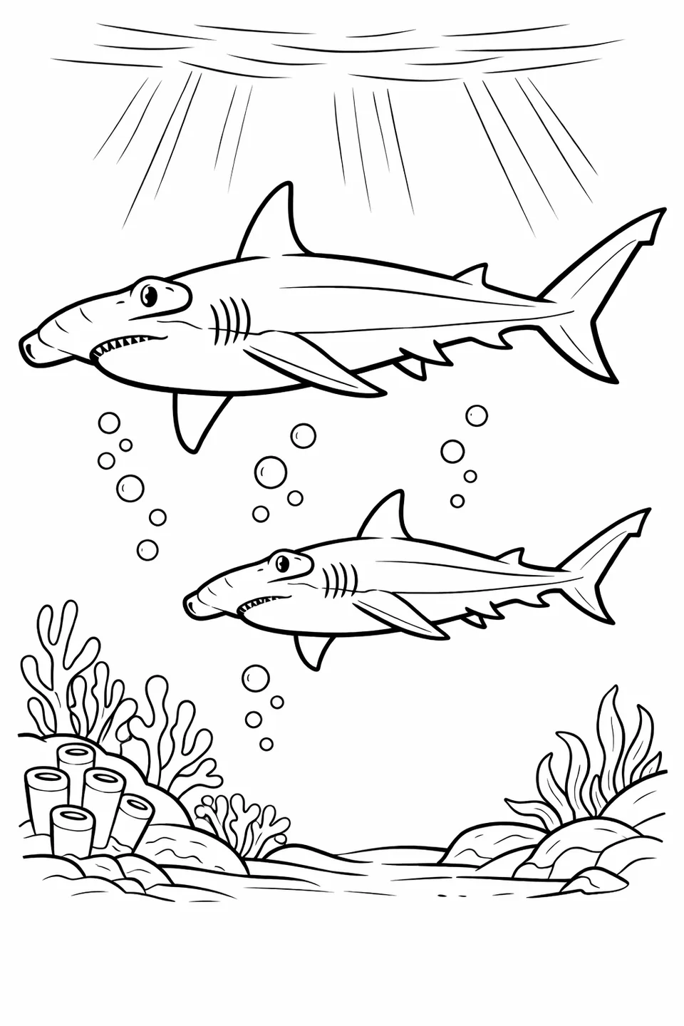 Two hammerhead sharks at different depths in open water, light rays from the surface, bubbles rising between them