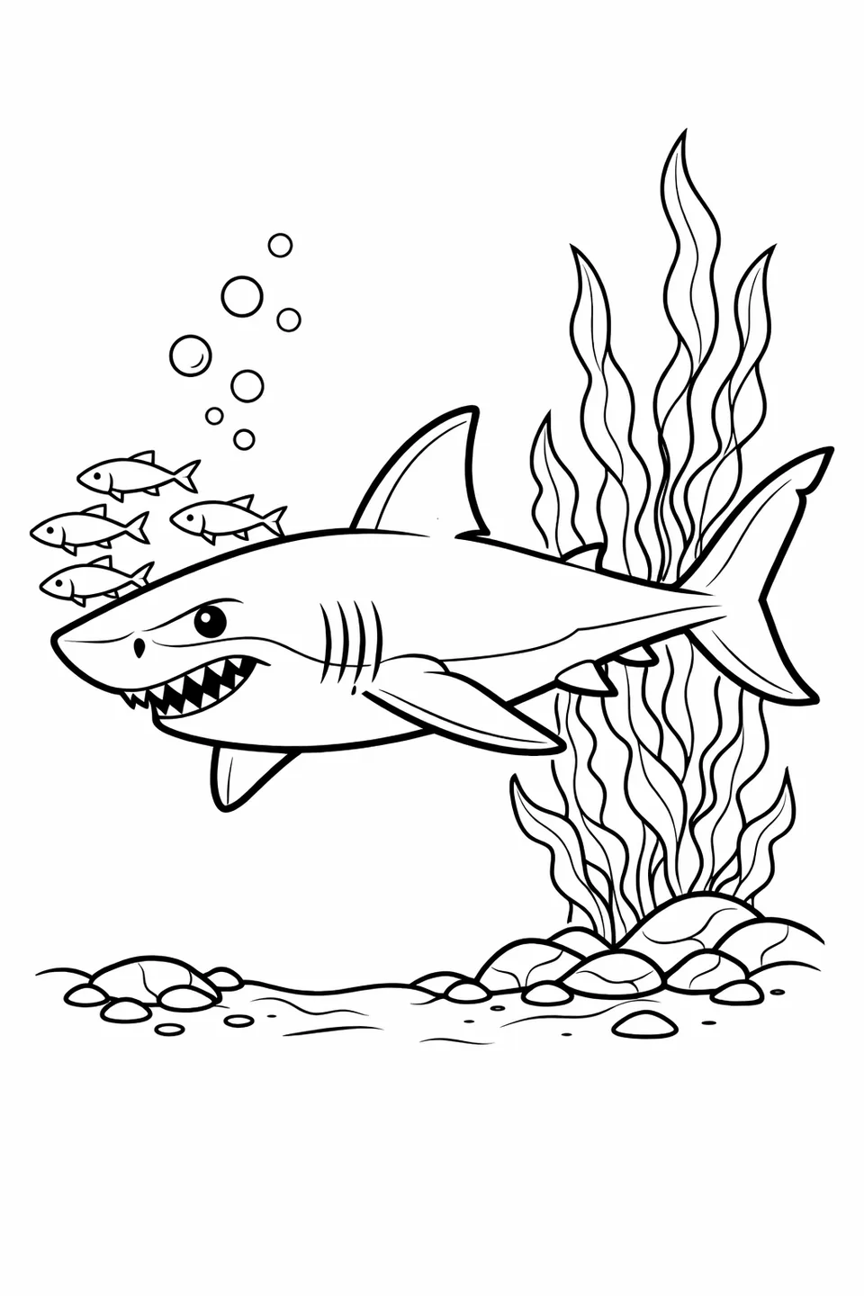 Juvenile great white shark with dorsal fin, crescent tail, and open mouth swimming among small fish near kelp