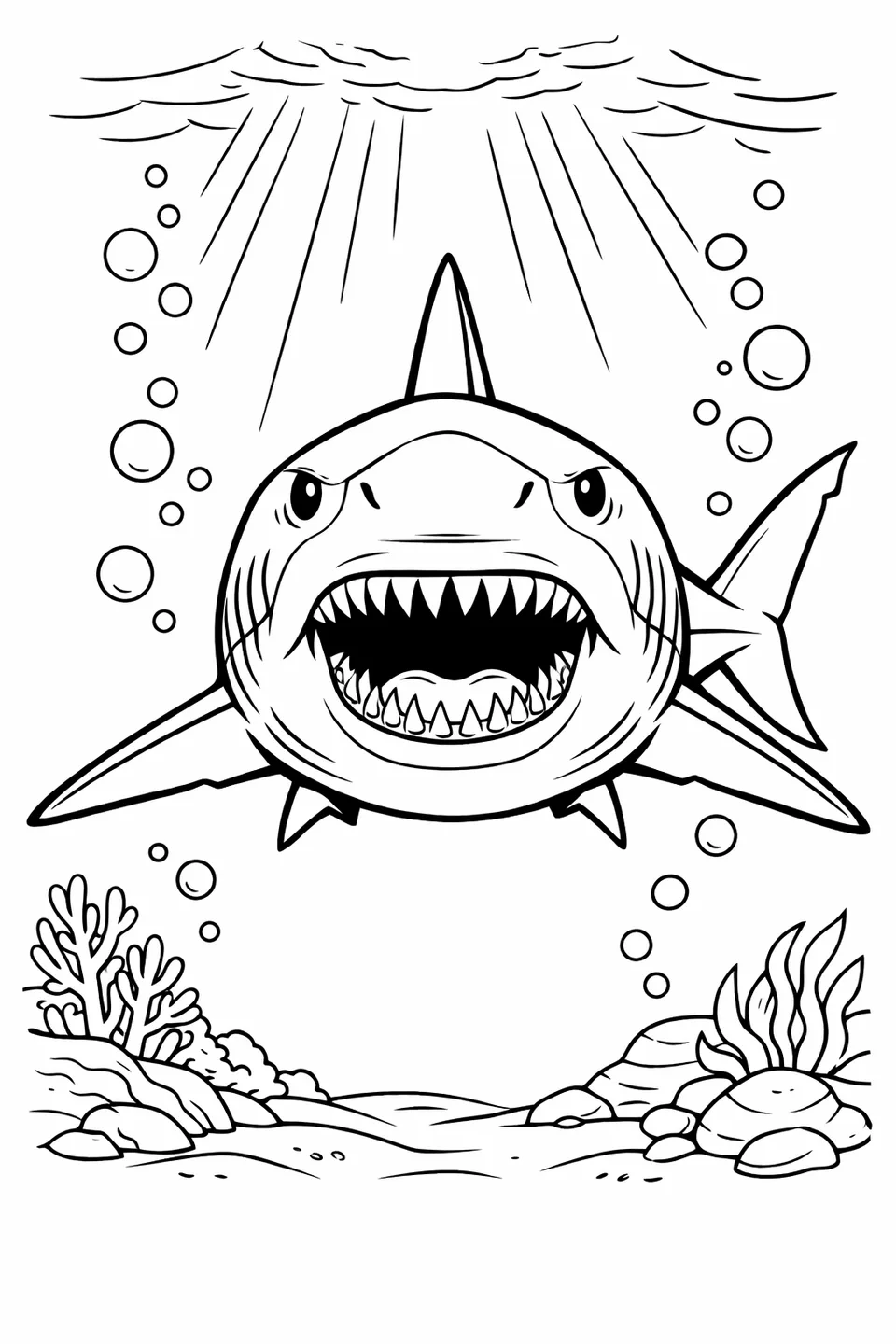 Front view of a great white shark seen from below with open jaw, rows of teeth, pectoral fins spread wide, and pale underbelly