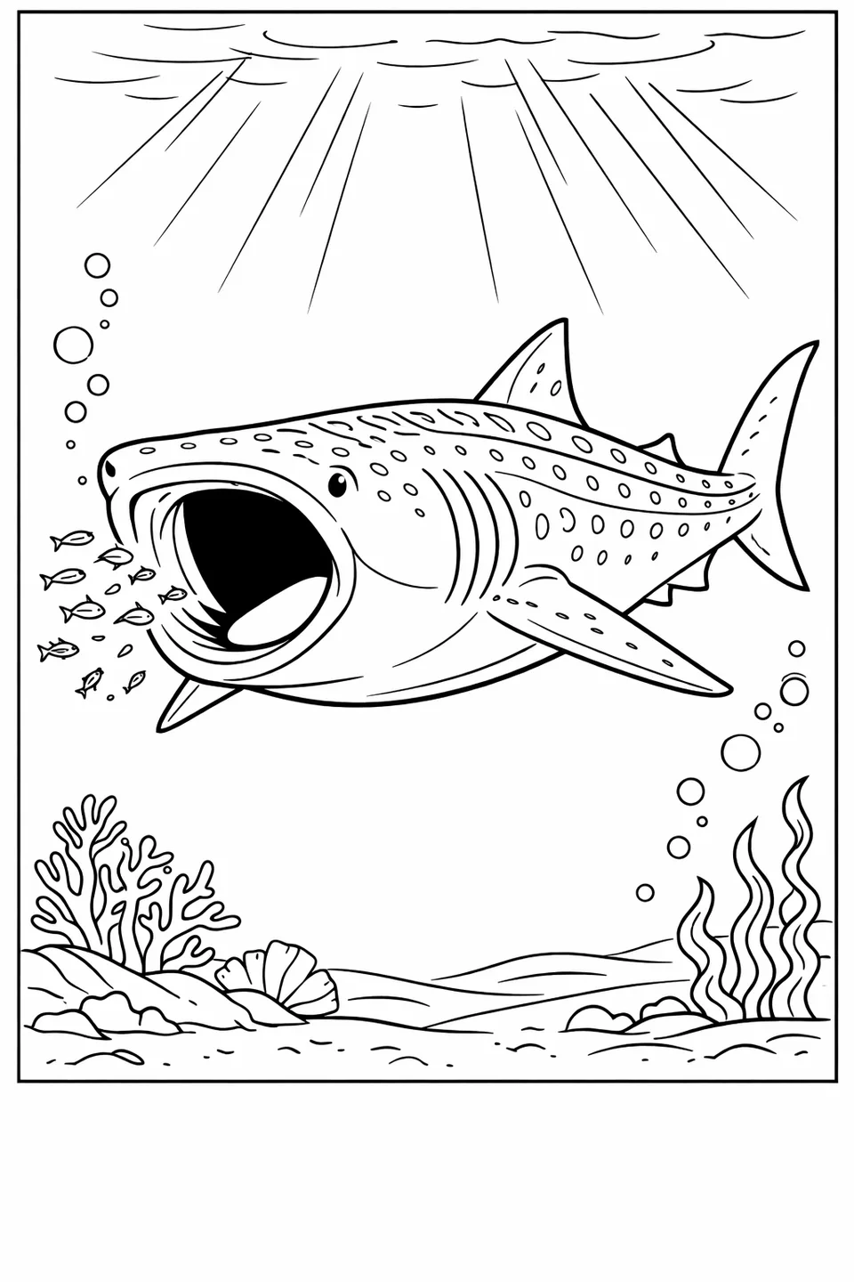 Whale shark with mouth wide open near small fish and particles, spotted back, dorsal fin, and light shafts in shallow blue water