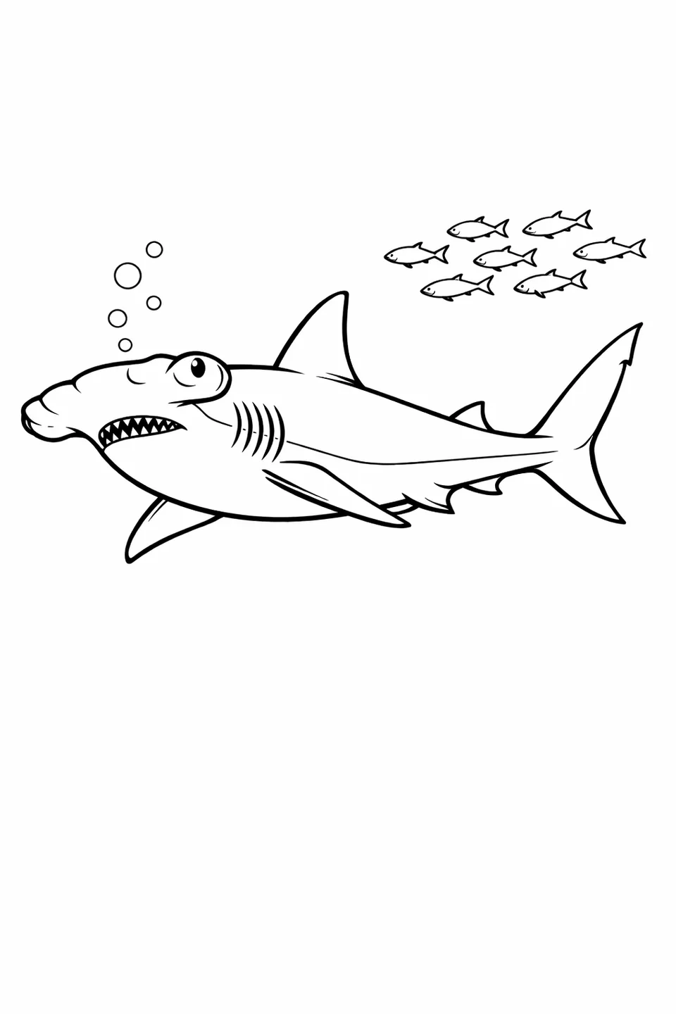 Scalloped hammerhead shark with notched hammer-shaped head, dorsal fin, crescent tail, and small fish in deep blue water