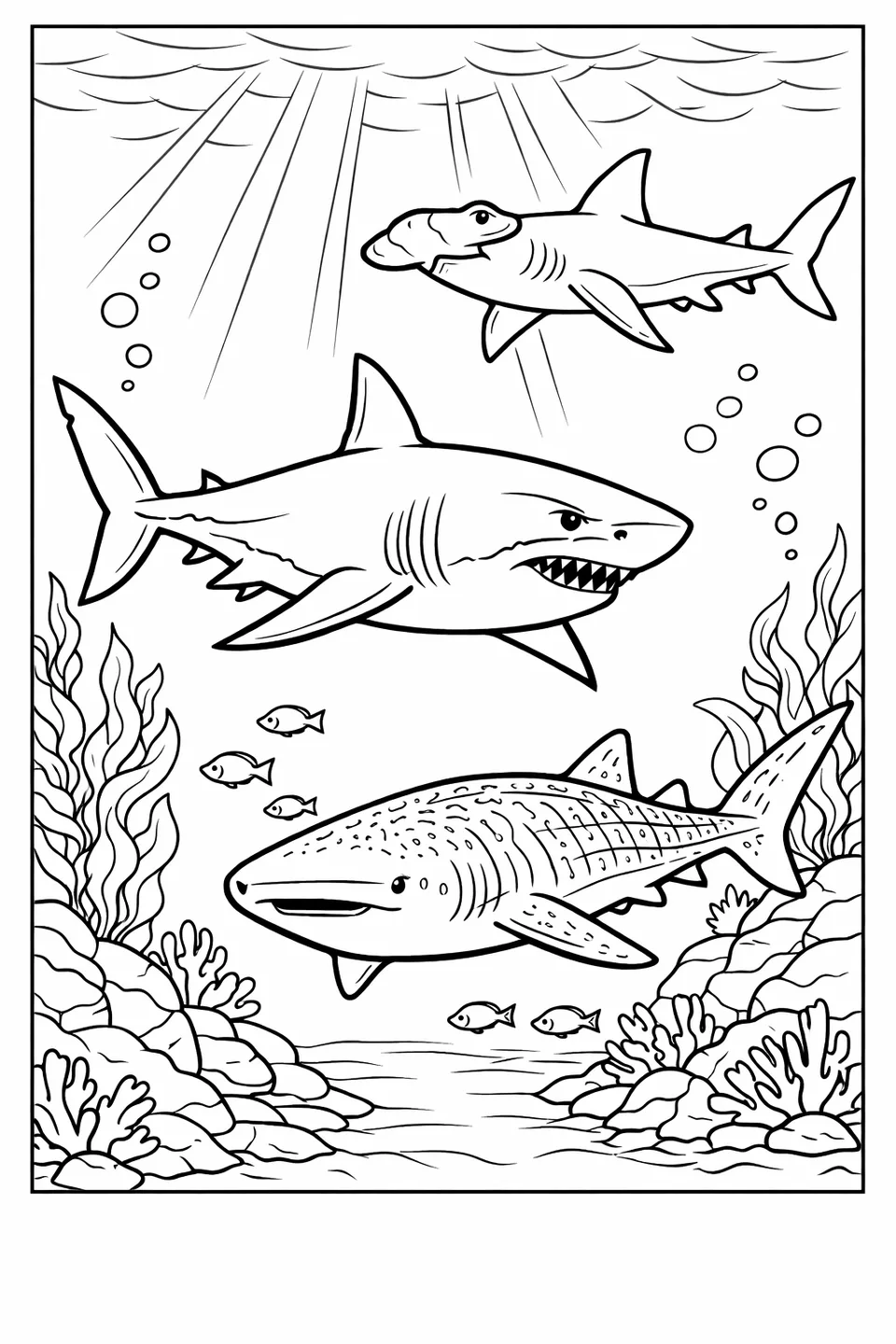 Great white shark in three-quarter view swimming through a kelp forest with rocky seafloor and dappled surface light above