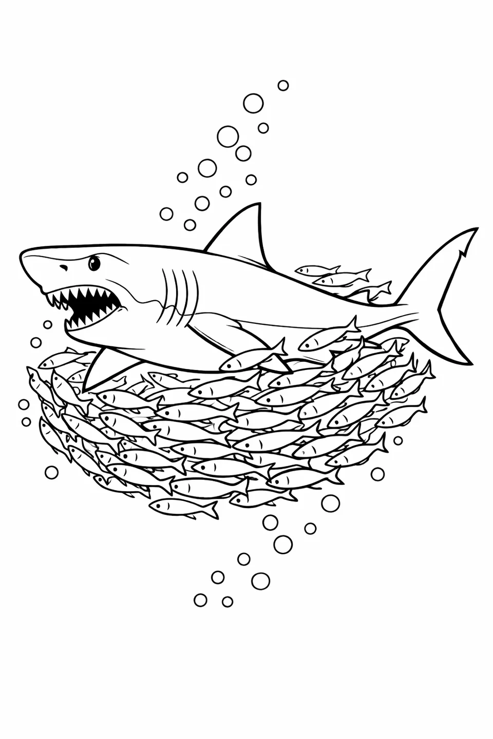 Great white shark with open jaw and dorsal fin swimming through a swirling school of silver fish in blue midwater