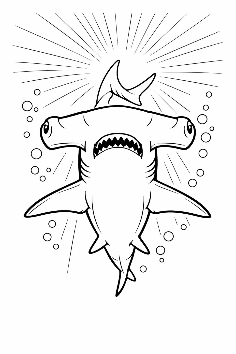 Hammerhead shark viewed from below showing flat wide head, pale belly, pectoral fins, and bright ocean surface light above