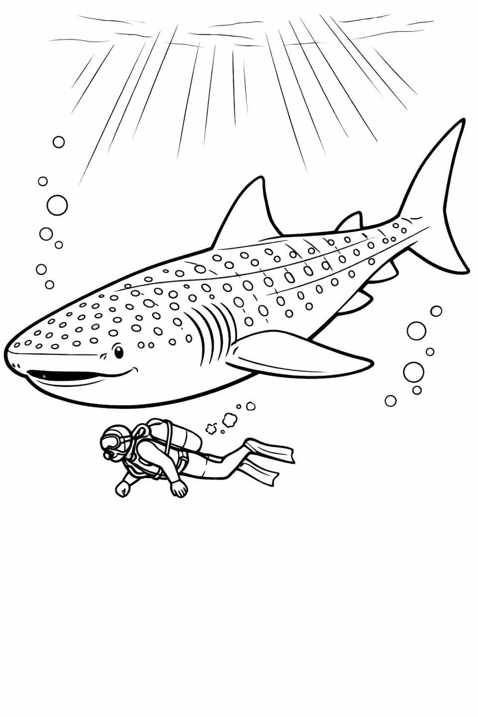 Whale shark in side profile with spotted back and a small scuba diver swimming near its pectoral fin in open blue water