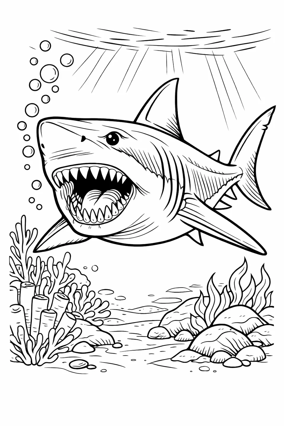 Close-up of a great white shark head with open jaw, multiple rows of pointed teeth, dark eye, and nostril slits on smooth snout