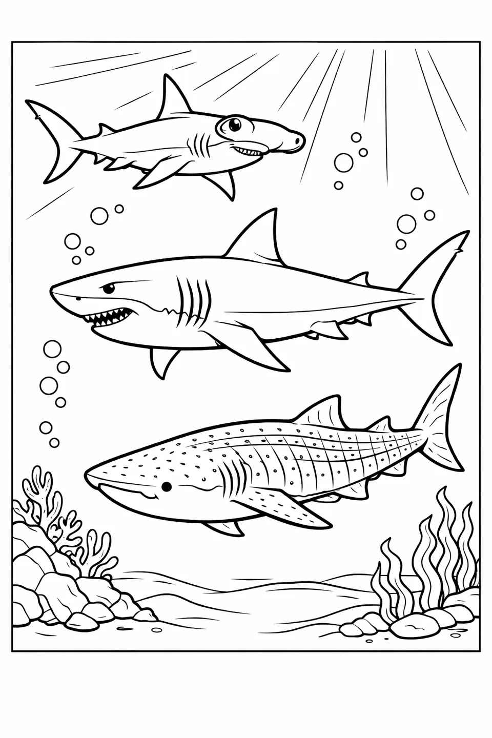 Great white shark, hammerhead shark, and whale shark together in open ocean water at different positions showing species differences