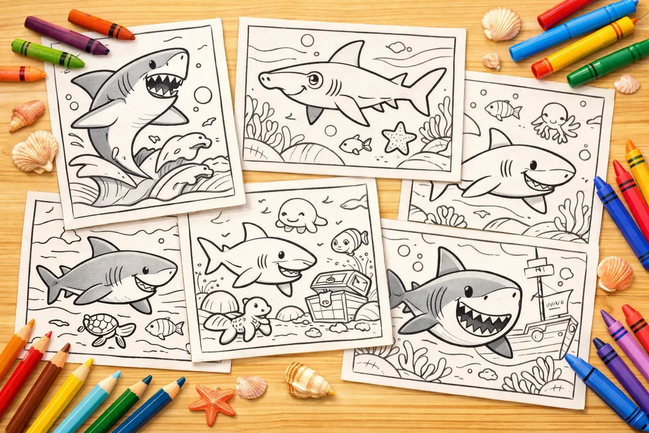 Sharks coloring pages cover collage