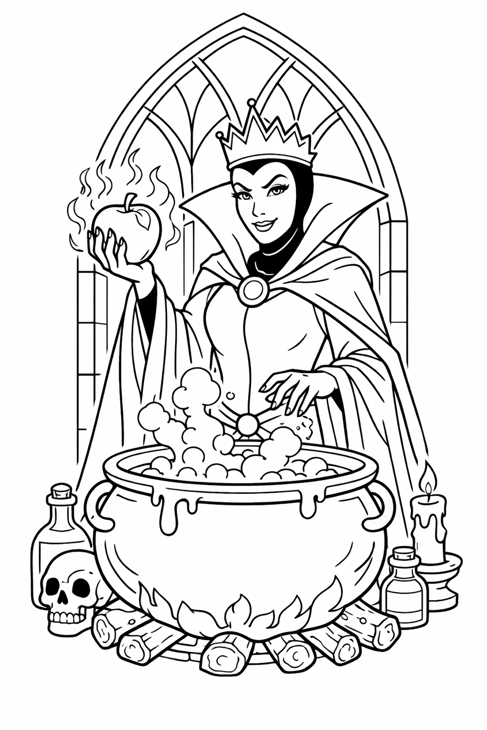 The Evil Queen in black robes holding a poisoned apple beside a cauldron with an arched window in the background