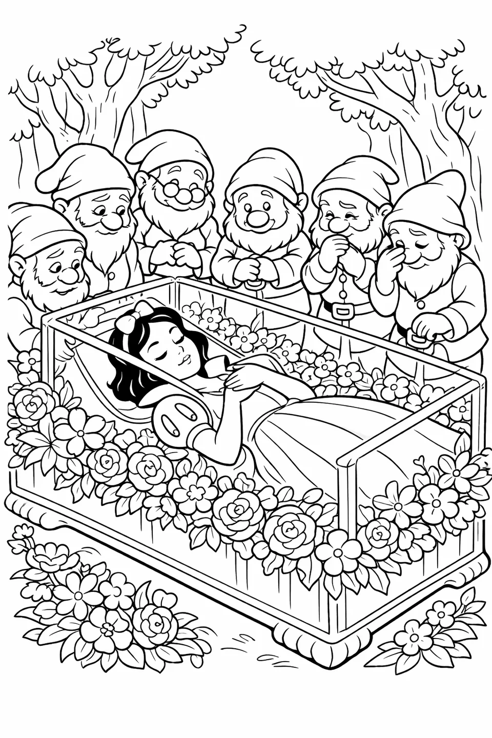 Snow White lying in a glass coffin with flowers around it and the seven dwarfs standing nearby in a forest